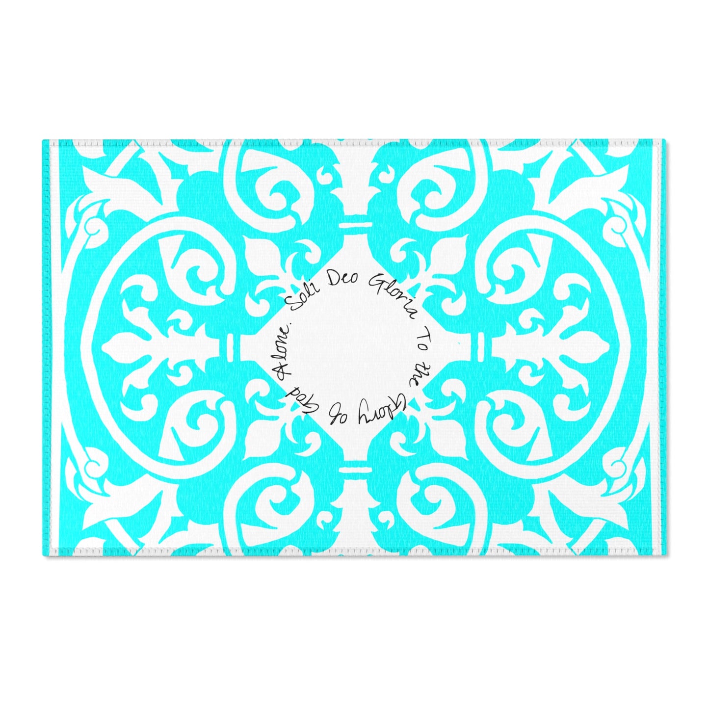 Scrollwork Indoor/Outdoor Rug Aqua "Soli Deo Gloria..."