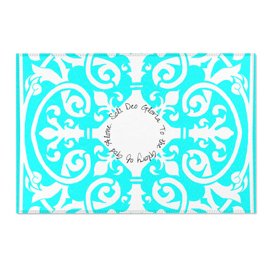 Scrollwork Indoor/Outdoor Rug Aqua "Soli Deo Gloria..."