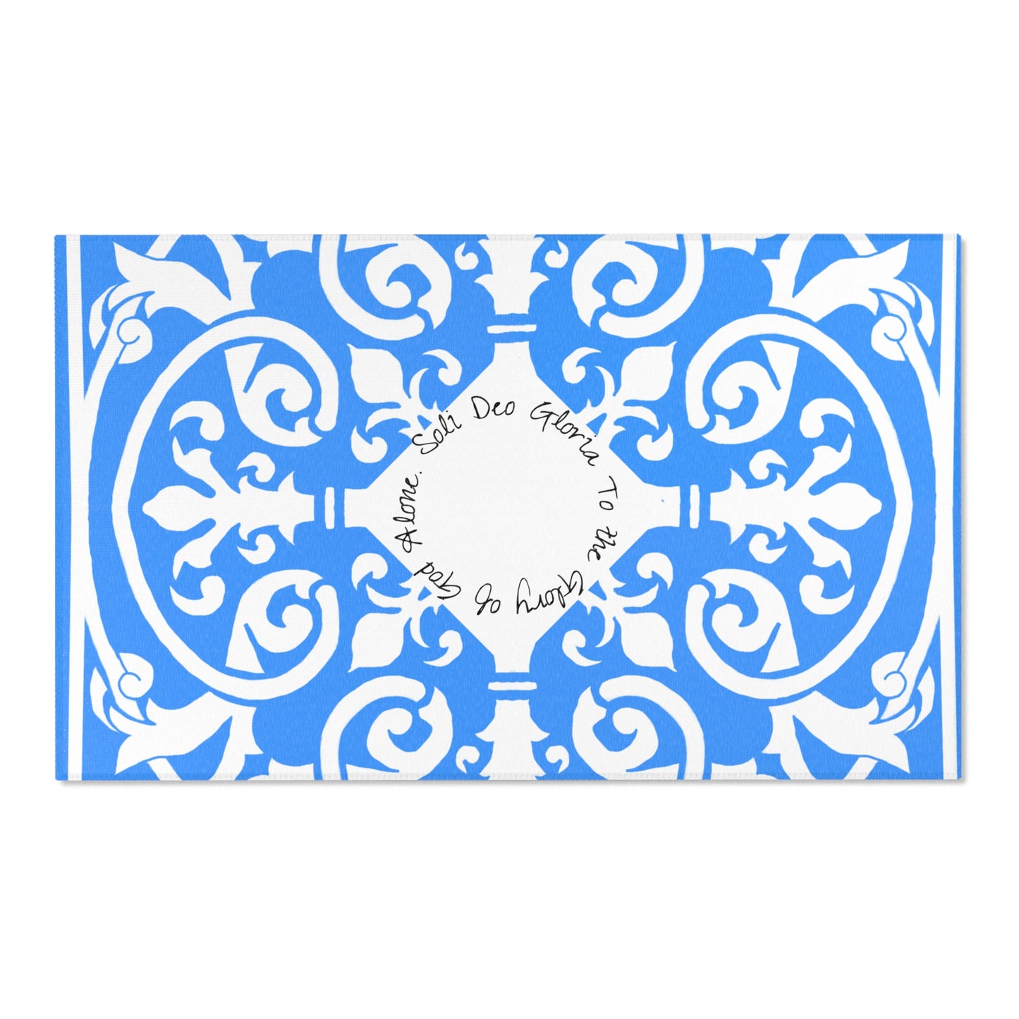 Scrollwork Indoor/Outdoor Rug Blue "Soli Deo Gloria..."