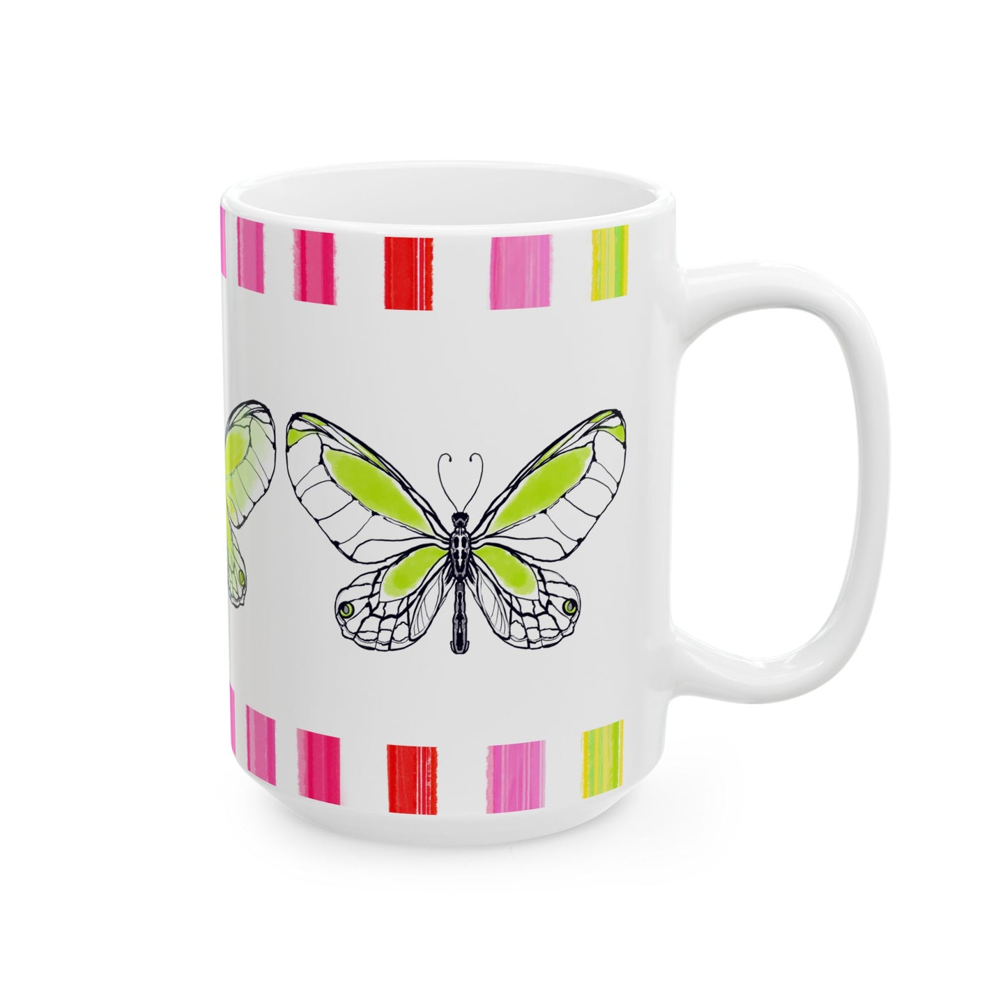 Butterfly Rainbow Stripe Ceramic Mug in Lime with Multi-color Striped Border, (Available in 2 sizes 11oz and 15oz)