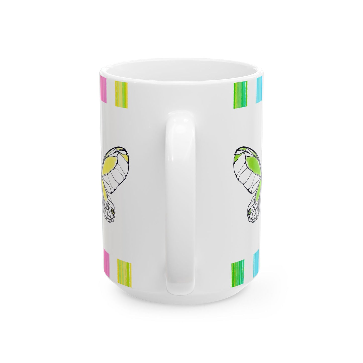 Butterfly Rainbow Stripe Ceramic Mug in Pink, Yellow, and Green with Multi-color Striped Border, (Available in 2 sizes 11oz and 15oz)