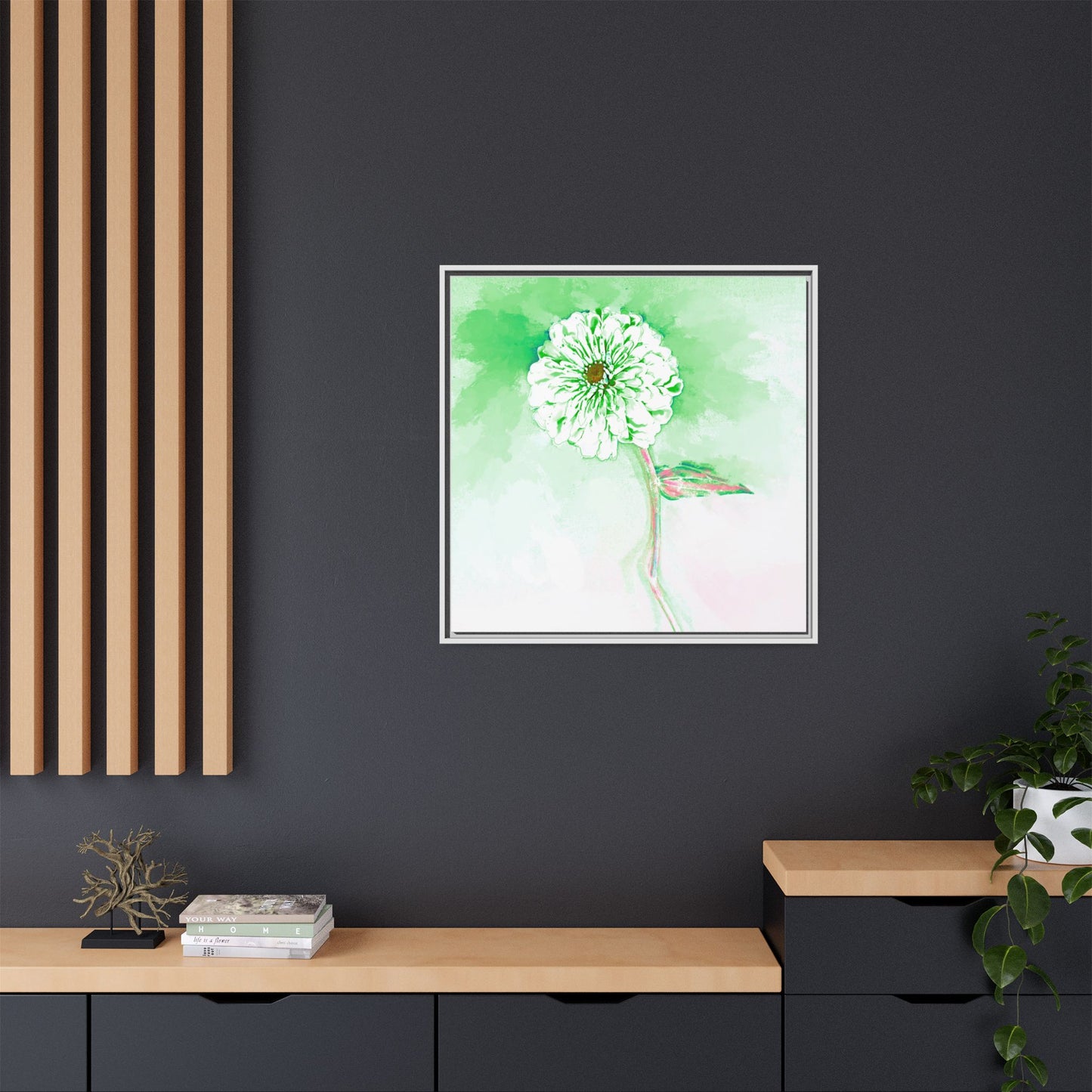 Zinnia Color Splash Matte Canvas Soft Green Framed