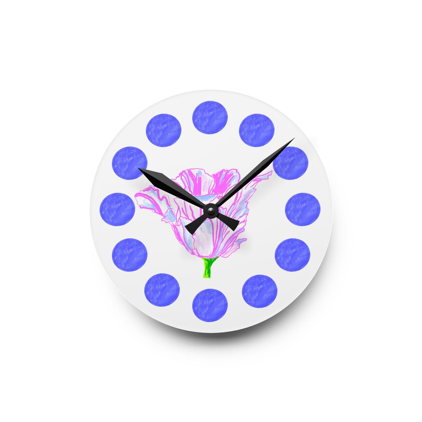 Tulip Love Acrylic Wall Clock, Blue dots Pink Tulip
