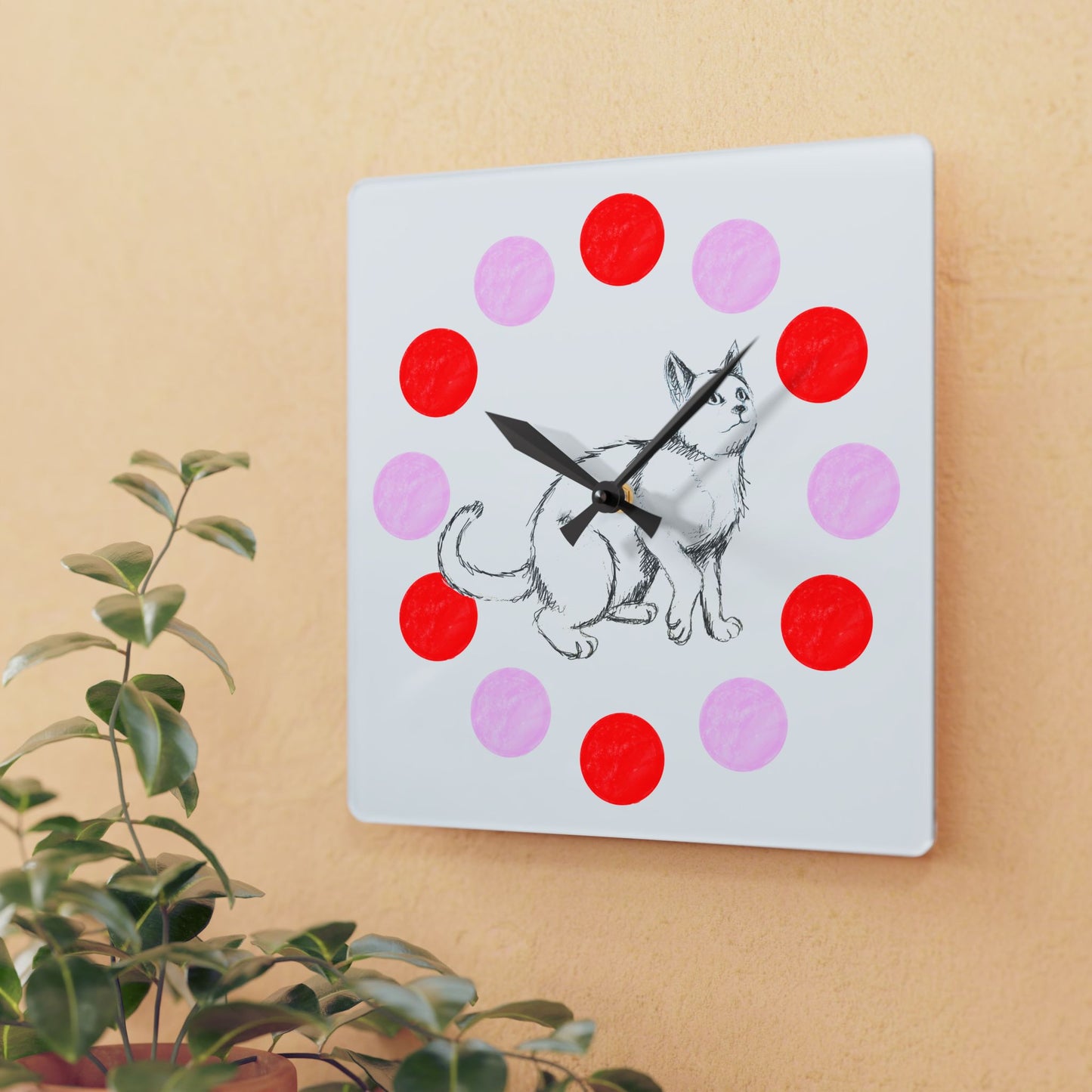 Kitty Fun, Acrylic Wall Clock, Pink and Red polka dots