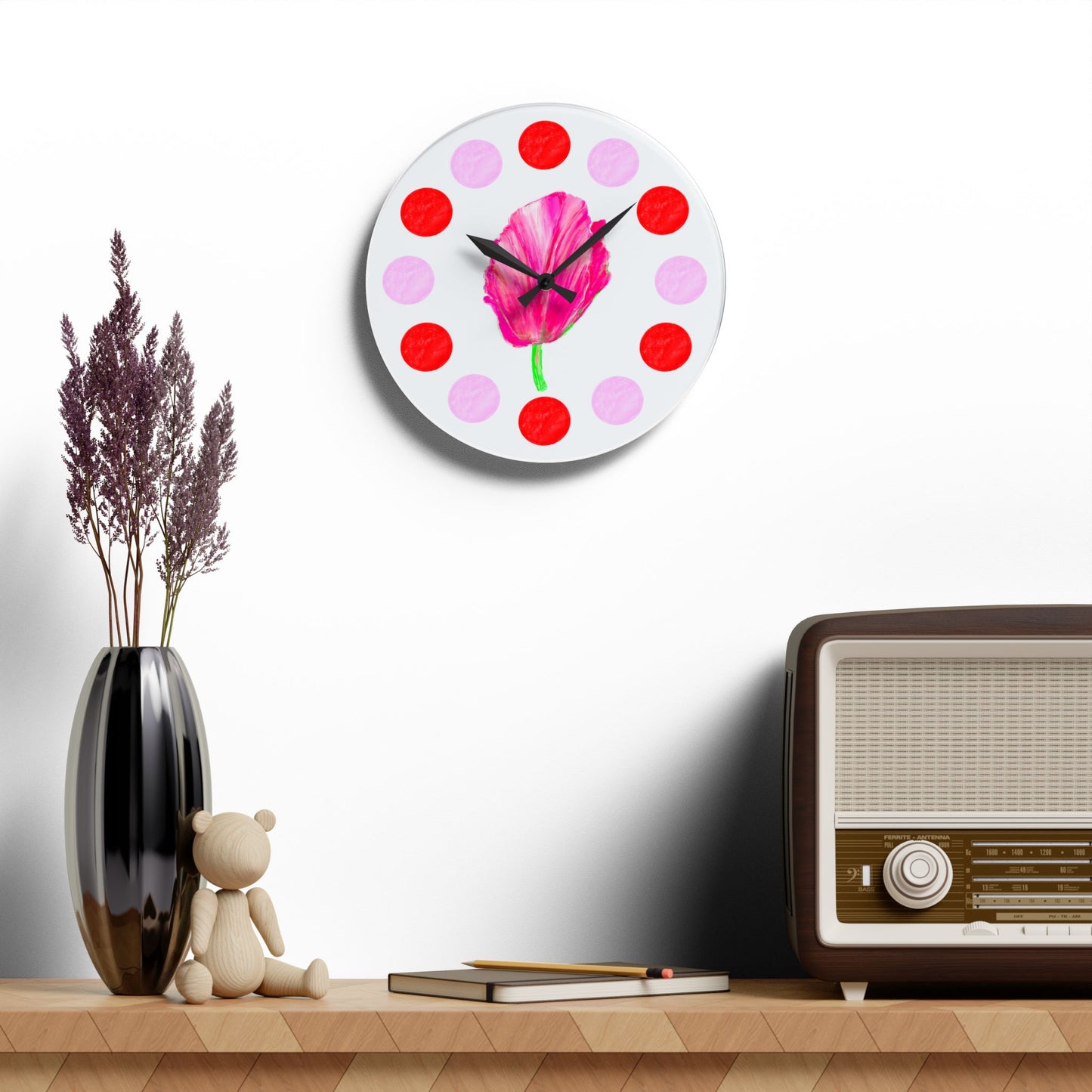 Tulip Love, Acrylic Wall Clock, Pink and Red polka dots tulip