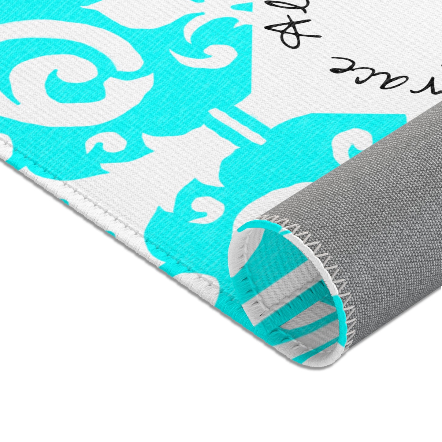 Scrollwork Indoor/Outdoor Rug Aqua "Sola Gratia..."