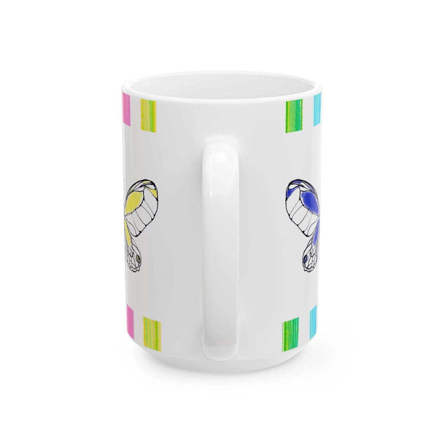 Butterfly Rainbow Stripe Ceramic Mug in Blue, Pink, and Yellow with Multi-color Striped Border, (Available in 2 sizes 11oz and 15oz)
