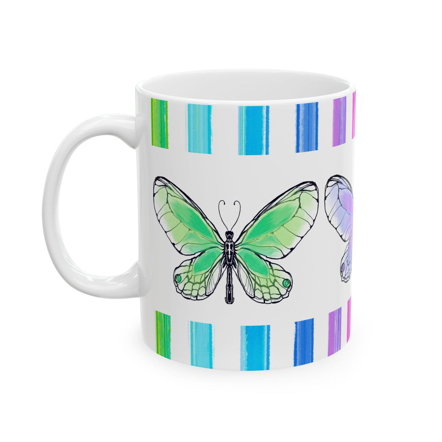 Butterfly Rainbow Stripe Ceramic Mug in Lavender, Pink, and Green with Multi-color Striped Border, (Available in 2 sizes 11oz and 15oz)