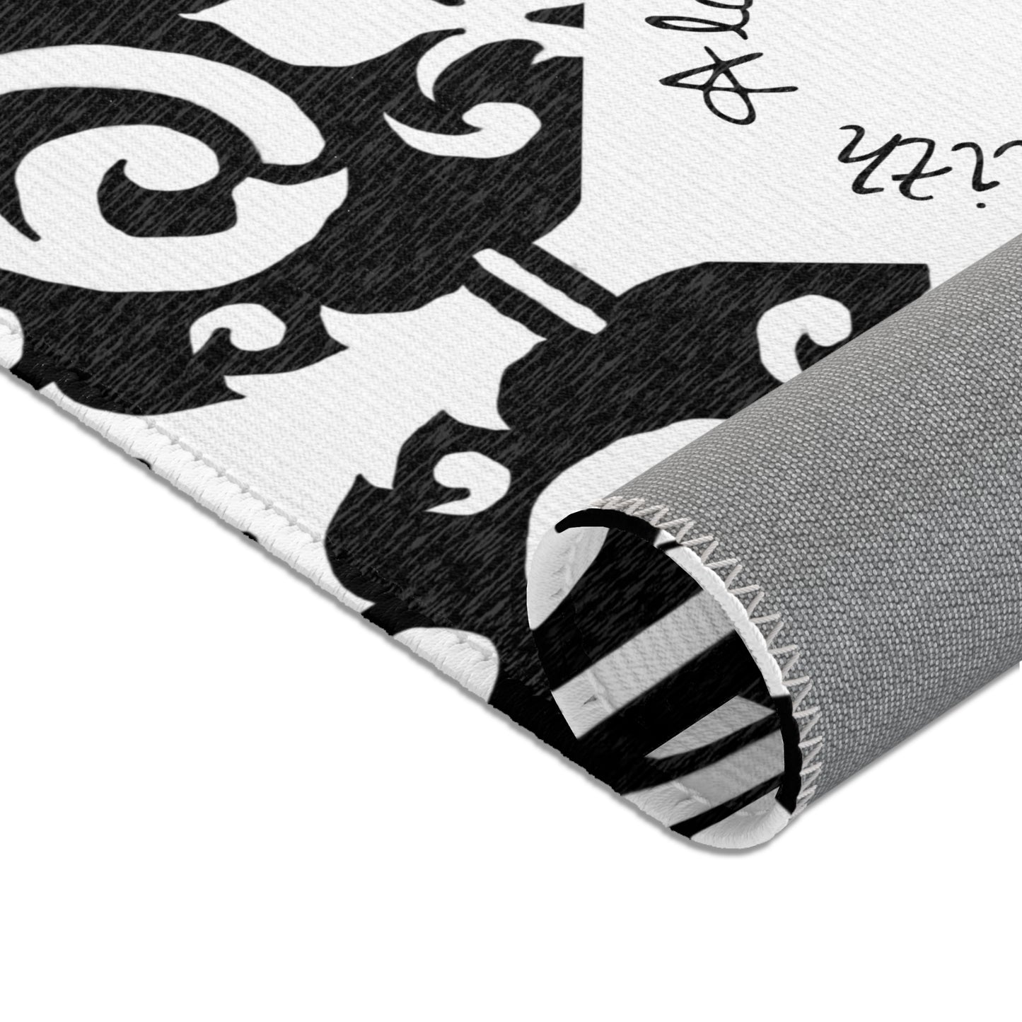 Scrollwork Indoor/Outdoor Rug Black "Sola Fide..."