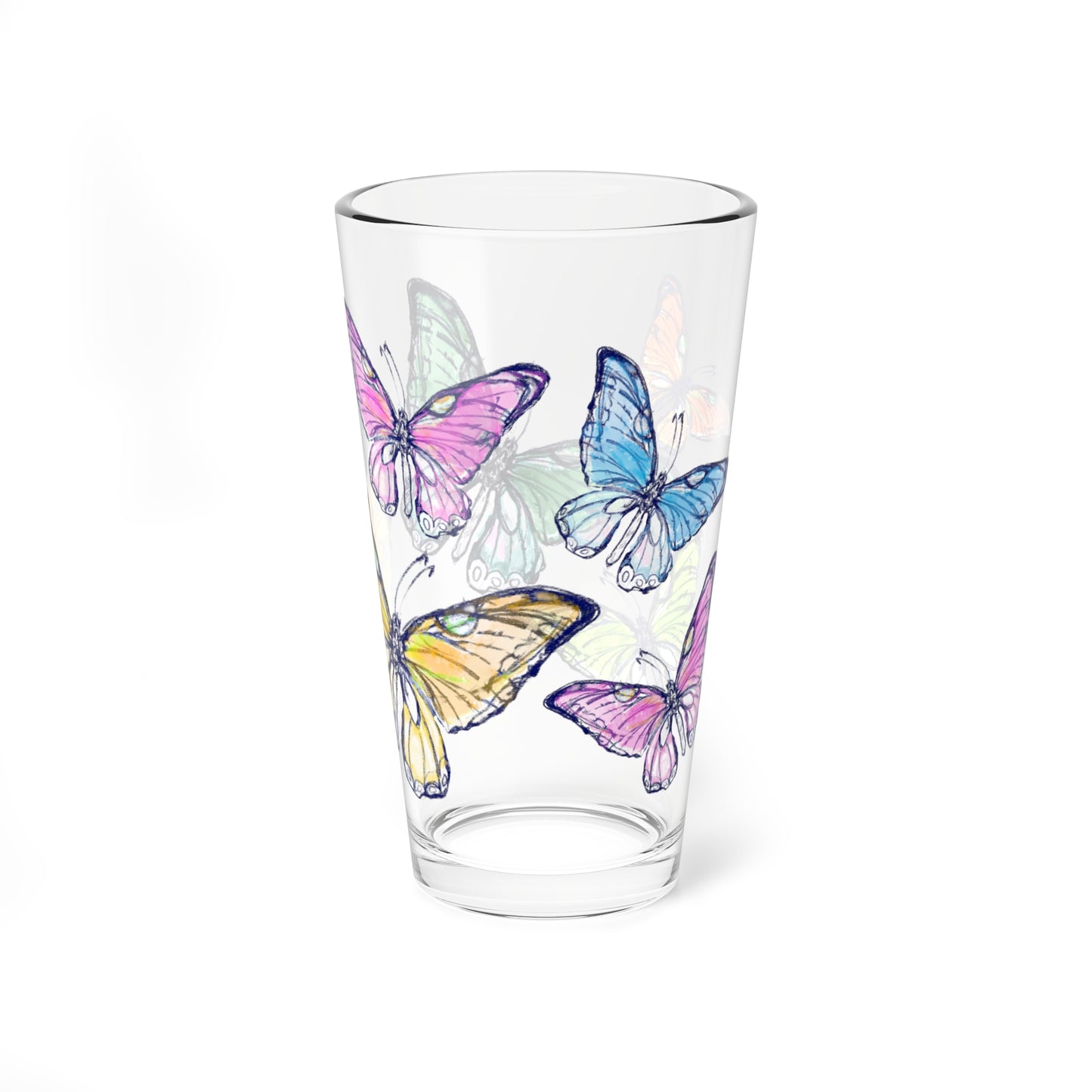 Blossom Whirl Pint Glass, 16oz Largest Butterfly is Yellow Orange