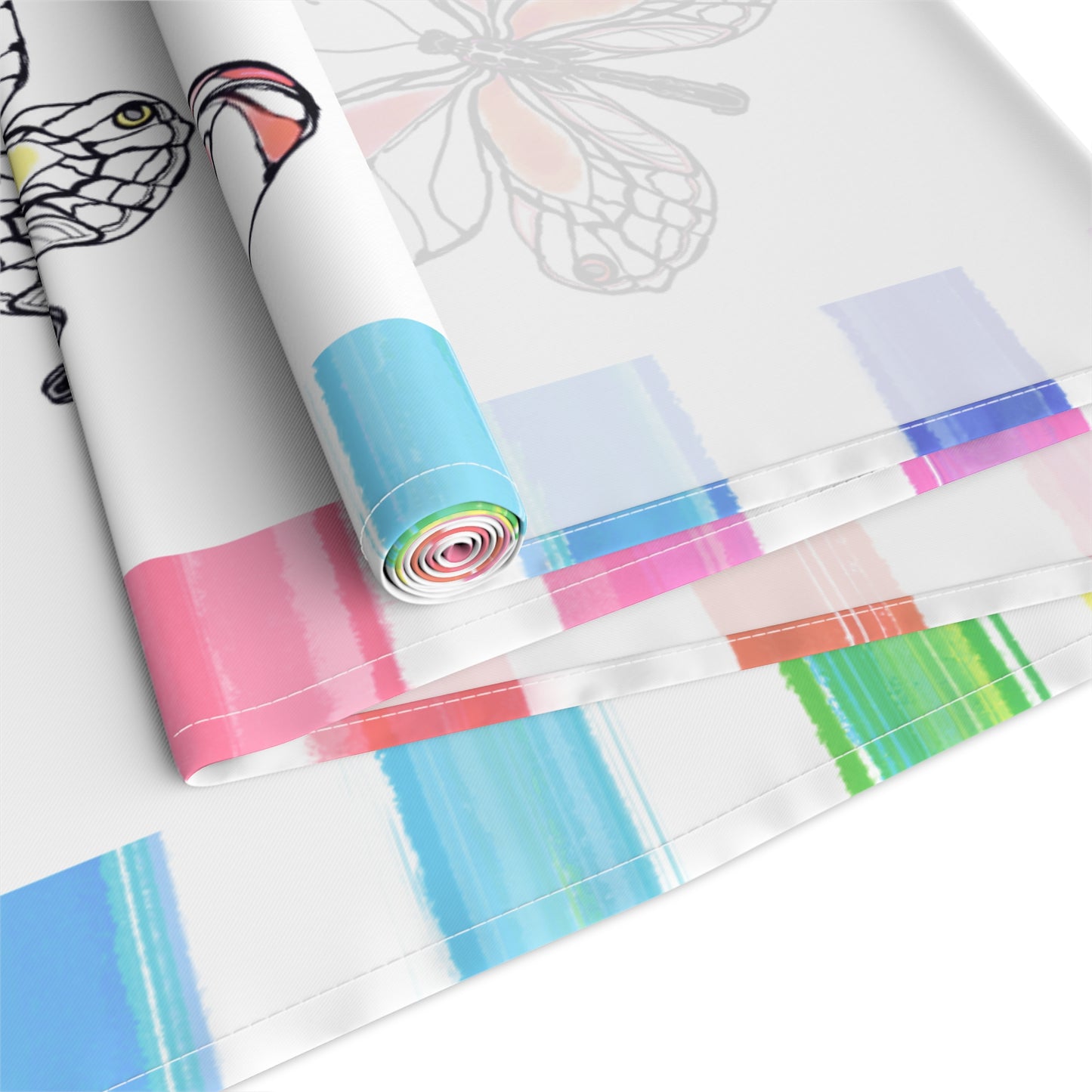 Butterfly Flutterstripe Table Runner in Multi-color with Checked Border 1 size ( 16" Γ 90") (available in Cotton " creamier" & Polyester "whiter"