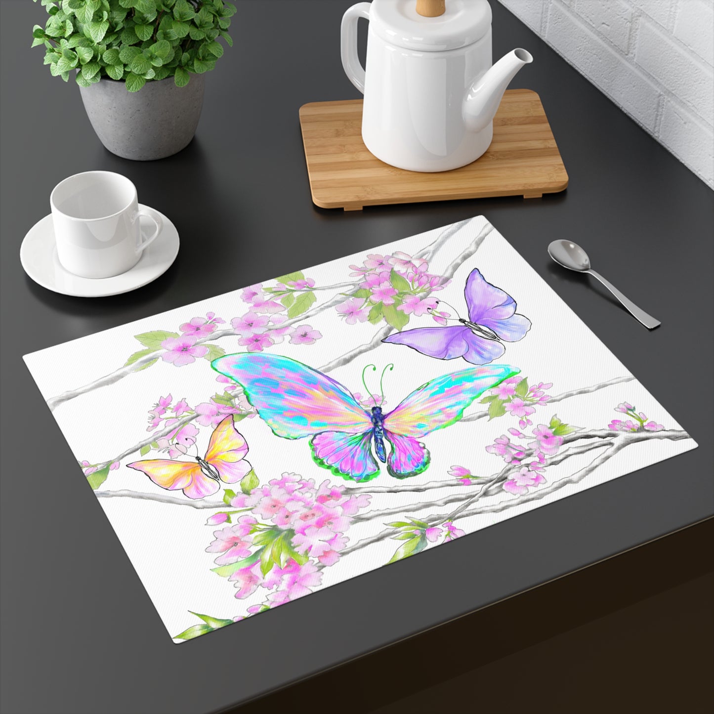 Butterfly Blossom Whirl Cotton Placemat, 1pc Blue, Fabric Background Creamy White, #4