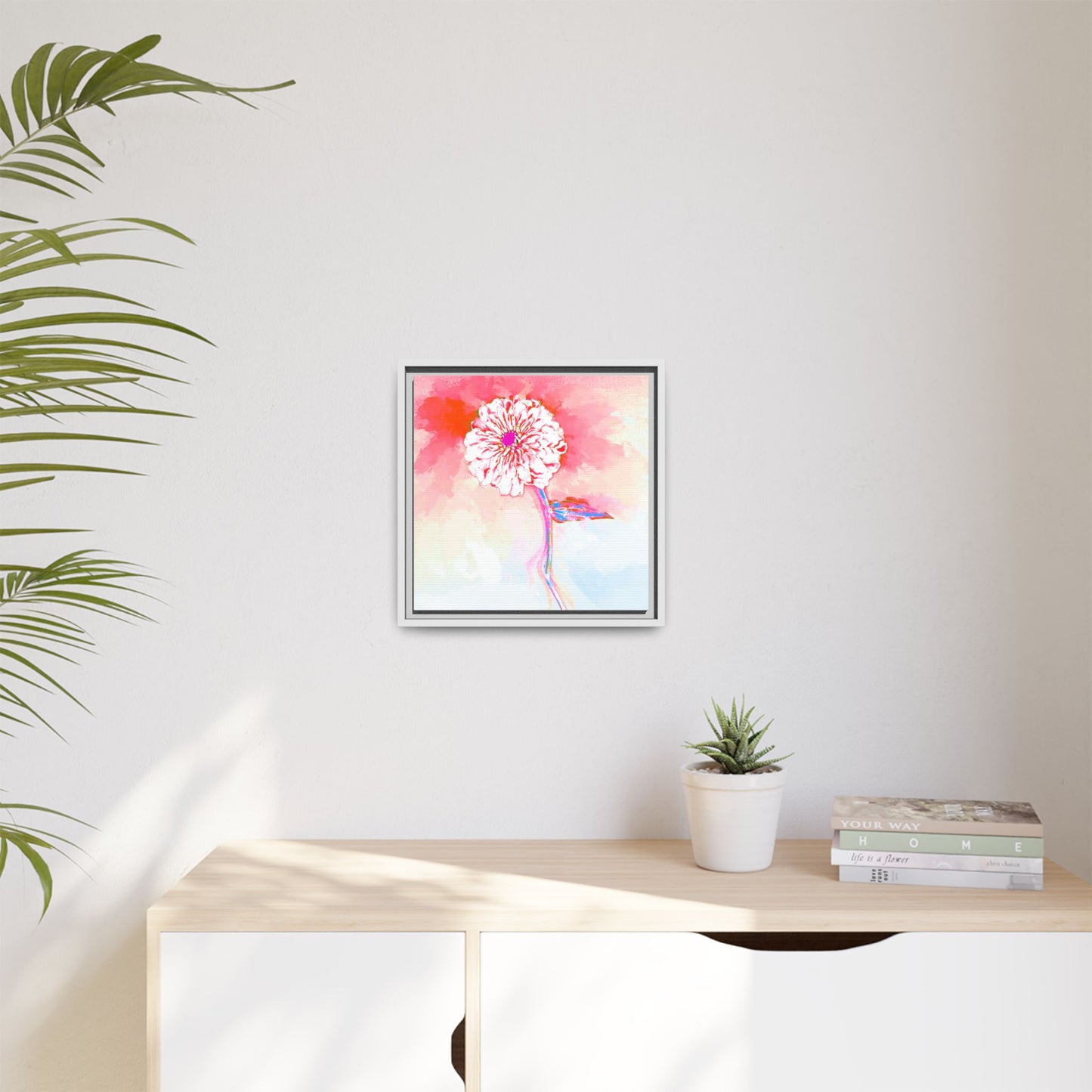 Zinnia Color Splash Matte Canvas Light Red Framed