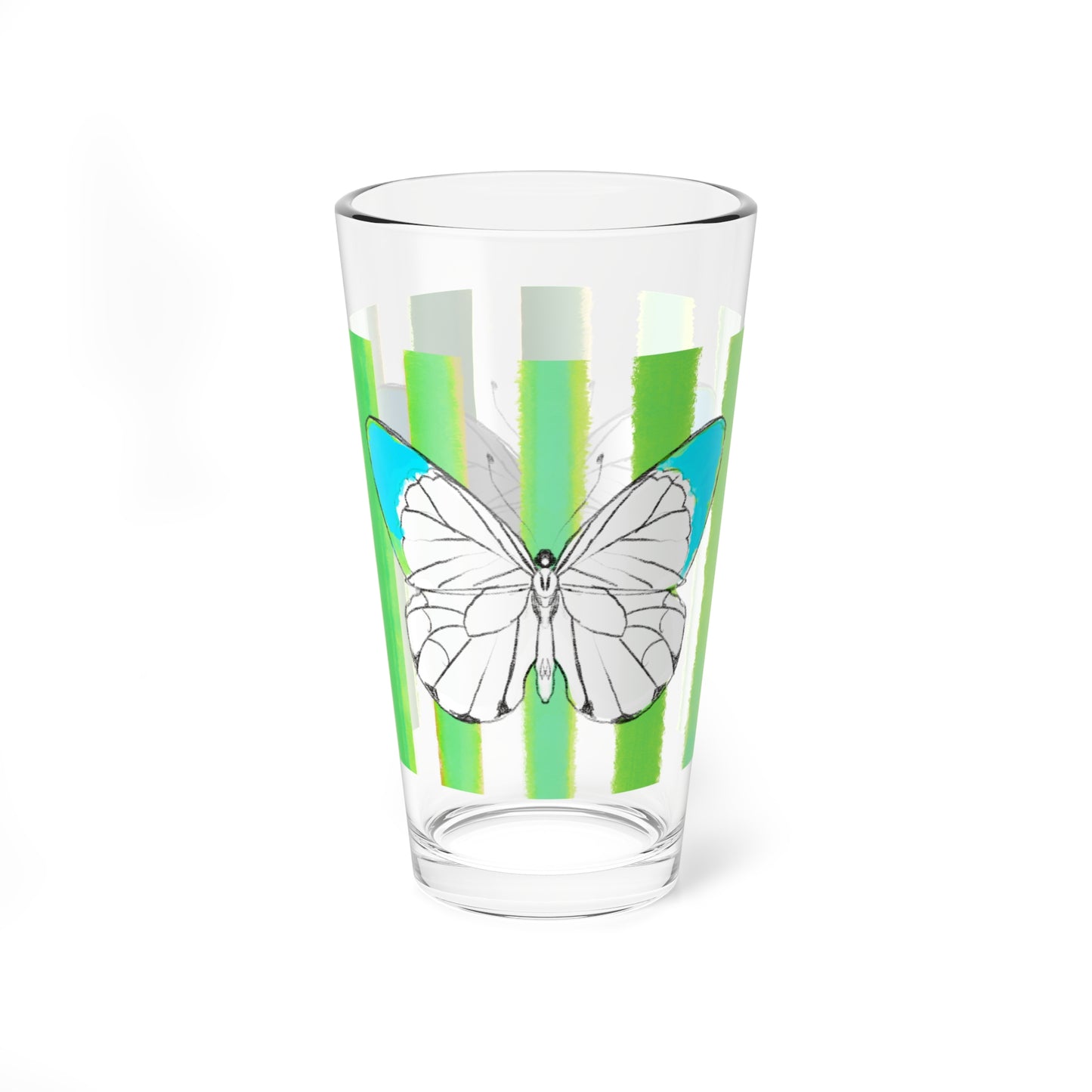 Pint Glass, 16oz Watercolor Stripes & Butterflies