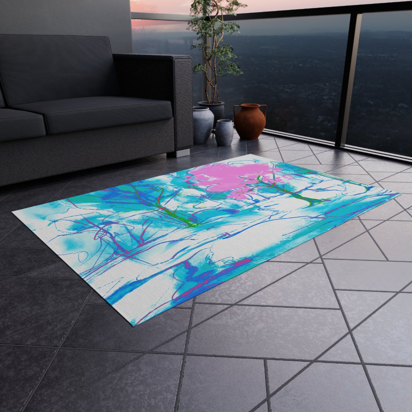Joyful Landscapes Indoor/Outdoor Rug , Pink and Blue, Non-slip