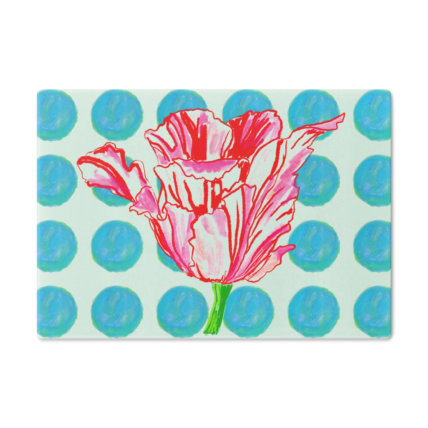 Dancing Tulips Cutting Board, Aqua Polka Dots
