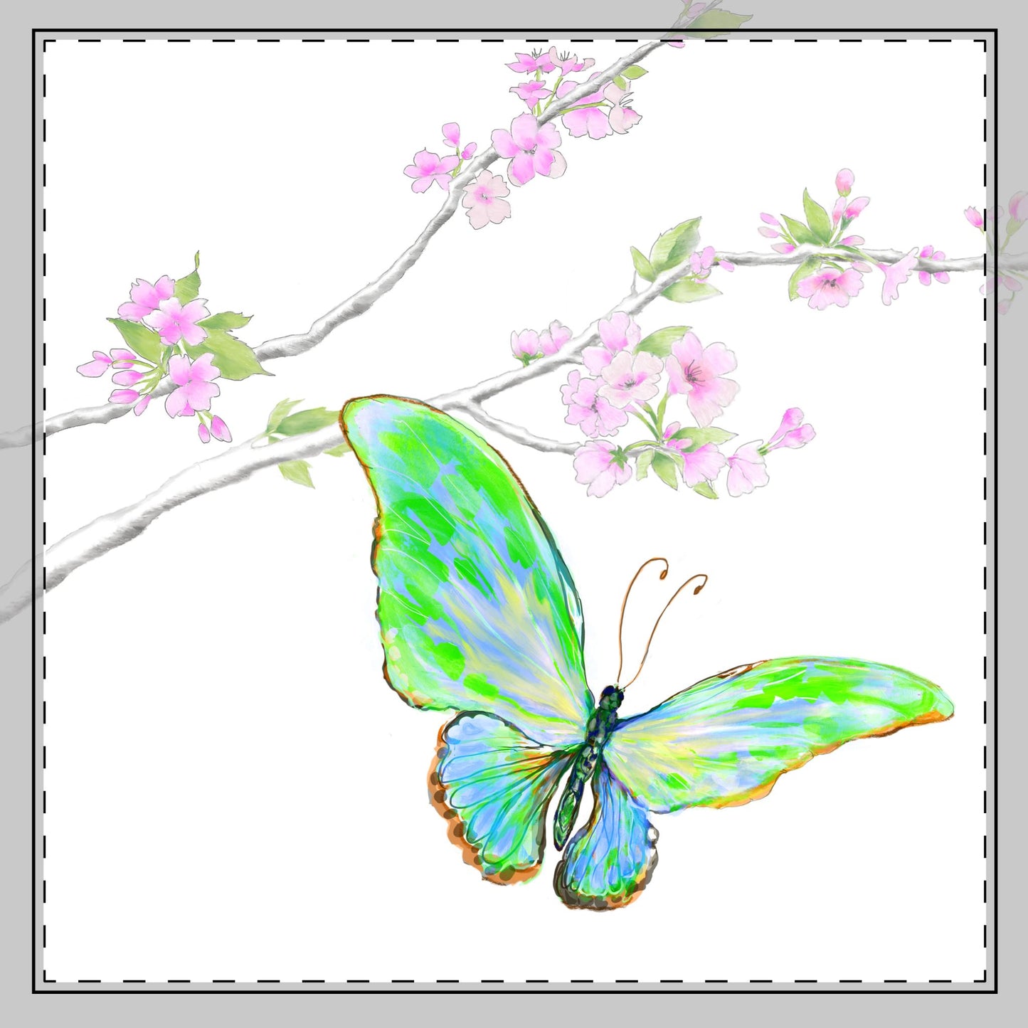 Butterfly Blossoms Glide Poly Twill Napkin in Green, Background Fabric Brighter White, #6