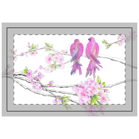 Blossoms & Birds in Raspberry ,Quilted Placemat, Poly , Background Bright White, # 5 Right Side