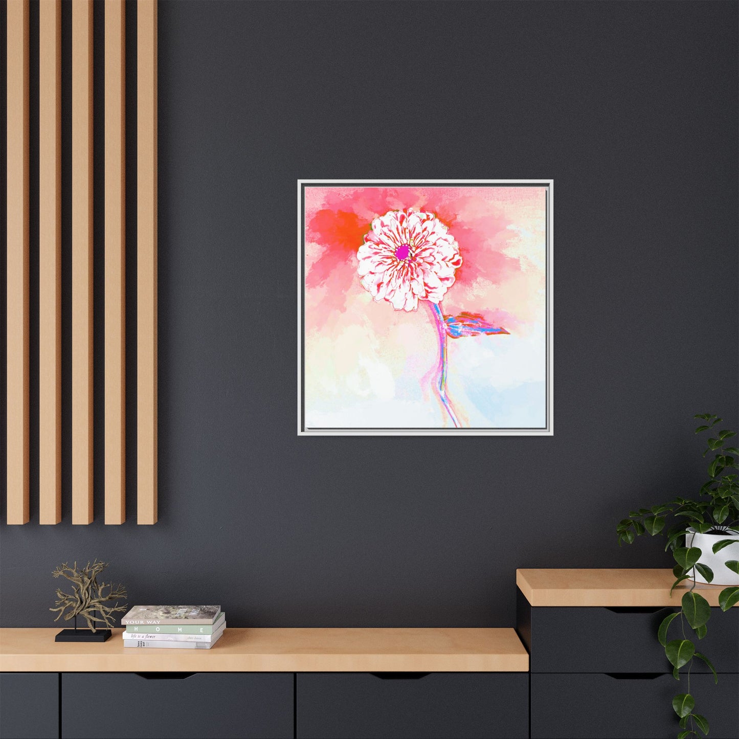 Zinnia Color Splash Matte Canvas Light Red Framed