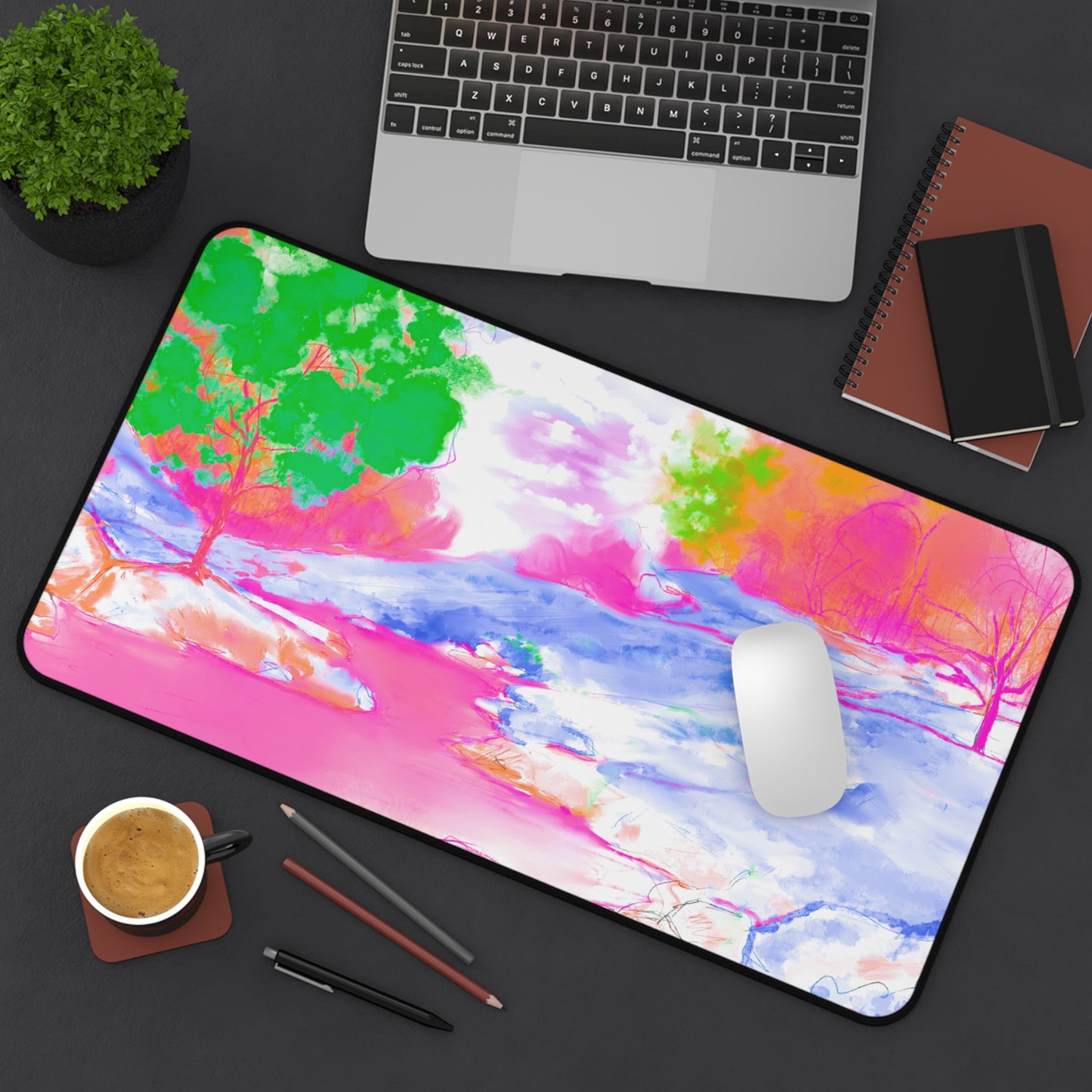 Joyful Landscapes Desk Mat, Pink, Green , Periwinkle