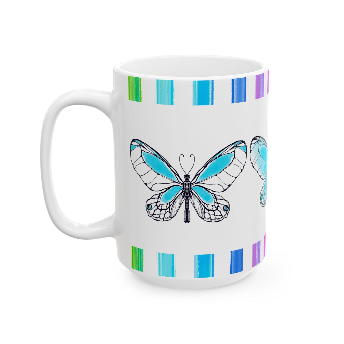Butterfly Rainbow Stripe Ceramic Mug in Aqua with Multi-color Striped Border, (Available in 2 sizes 11oz and 15oz)