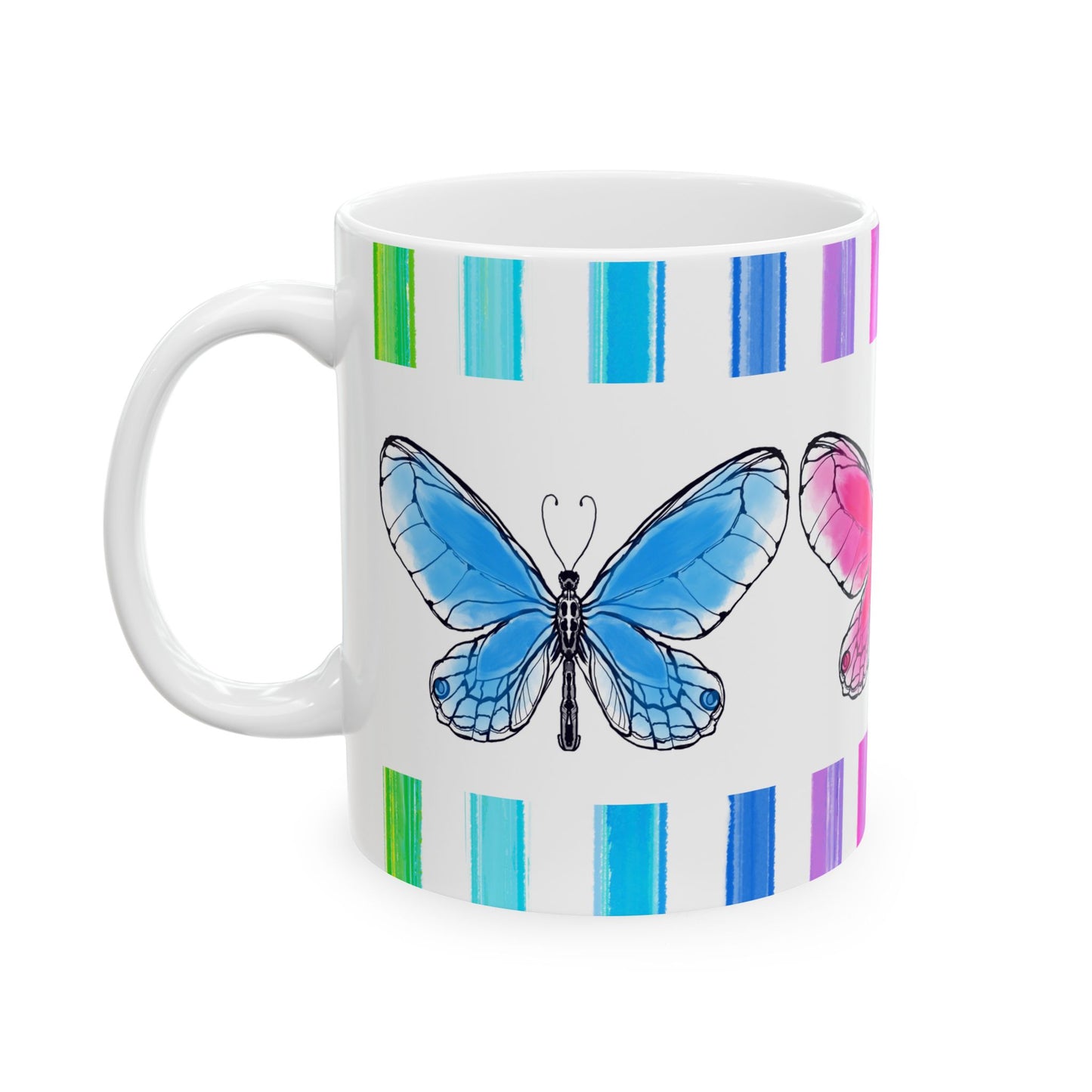 Butterfly Rainbow Stripe Ceramic Mug in Blue, Pink, and Green with Multi-color Striped Border, (Available in 2 sizes 11oz and 15oz)