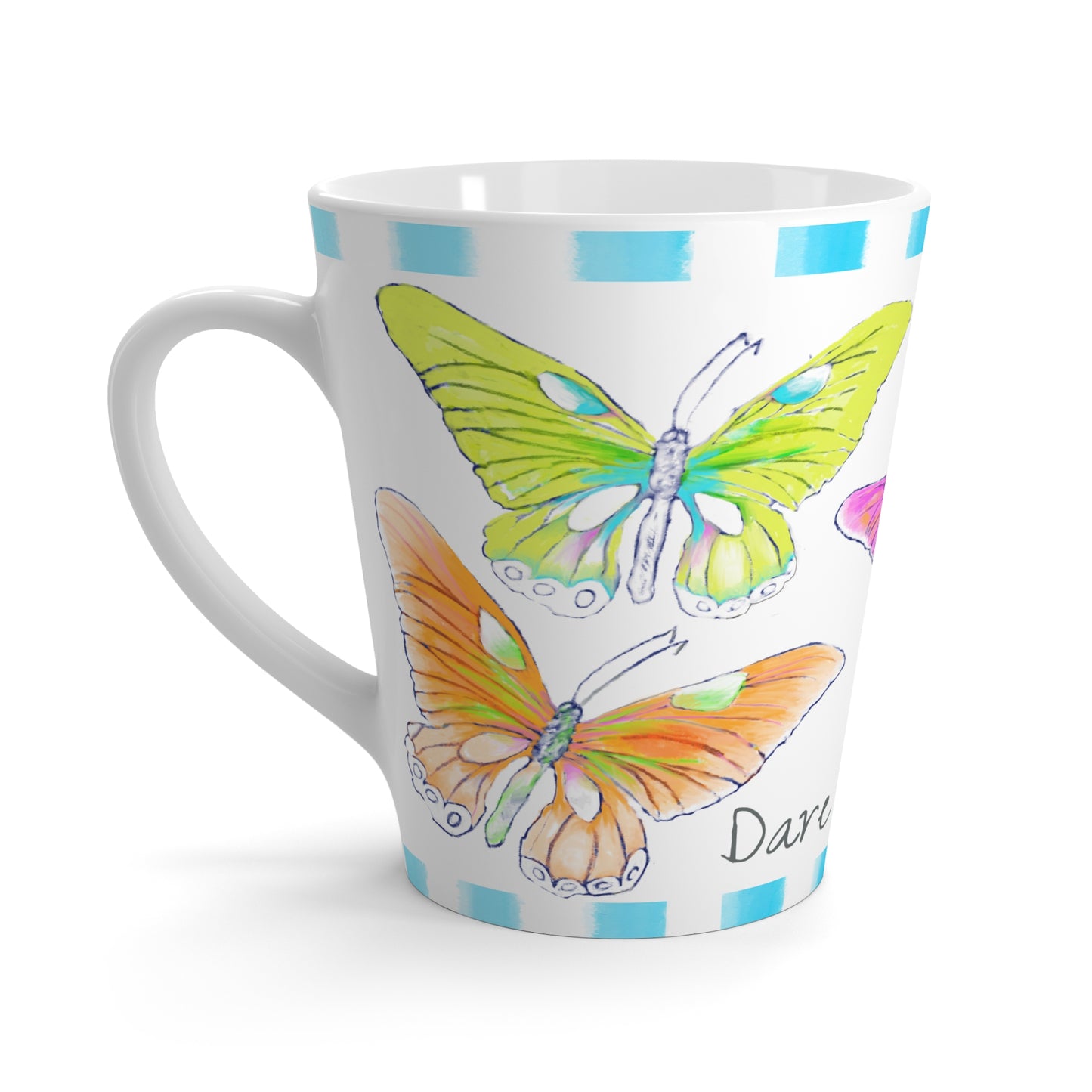 Butterfly Swing Latte Mug Aqua, Pink, Orange, Yellow Butterflies, Aqua Stripe “Dare to Trust”