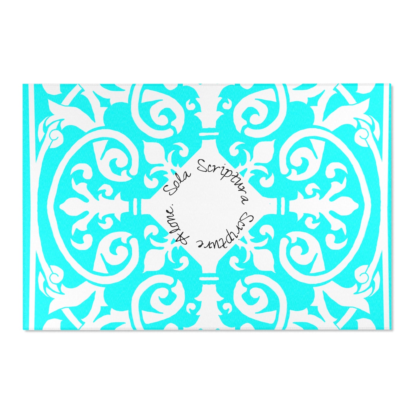 Scrollwork Indoor/Outdoor Rug Aqua "Sola Scriptura..."