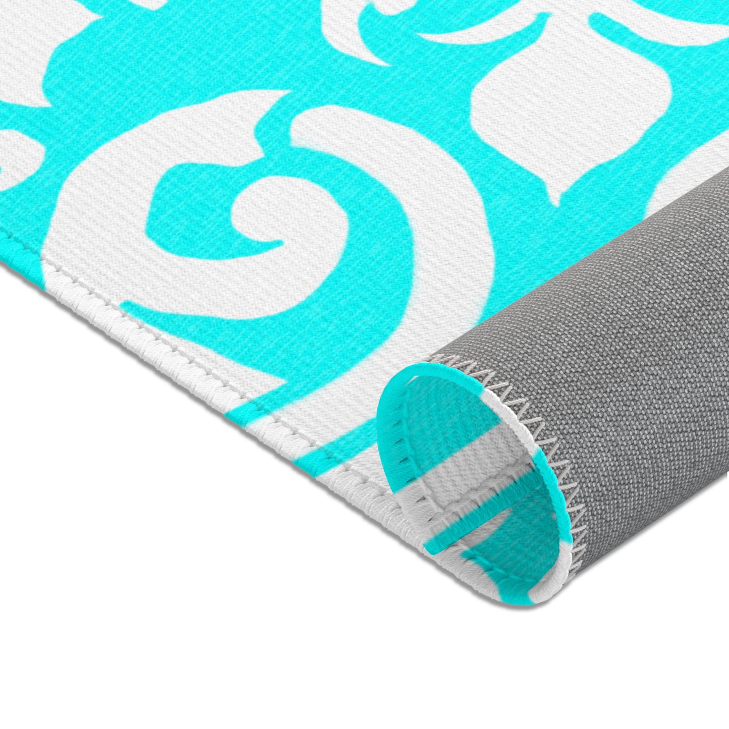 Scrollwork Indoor/Outdoor Rug Aqua "Sola Fide..."