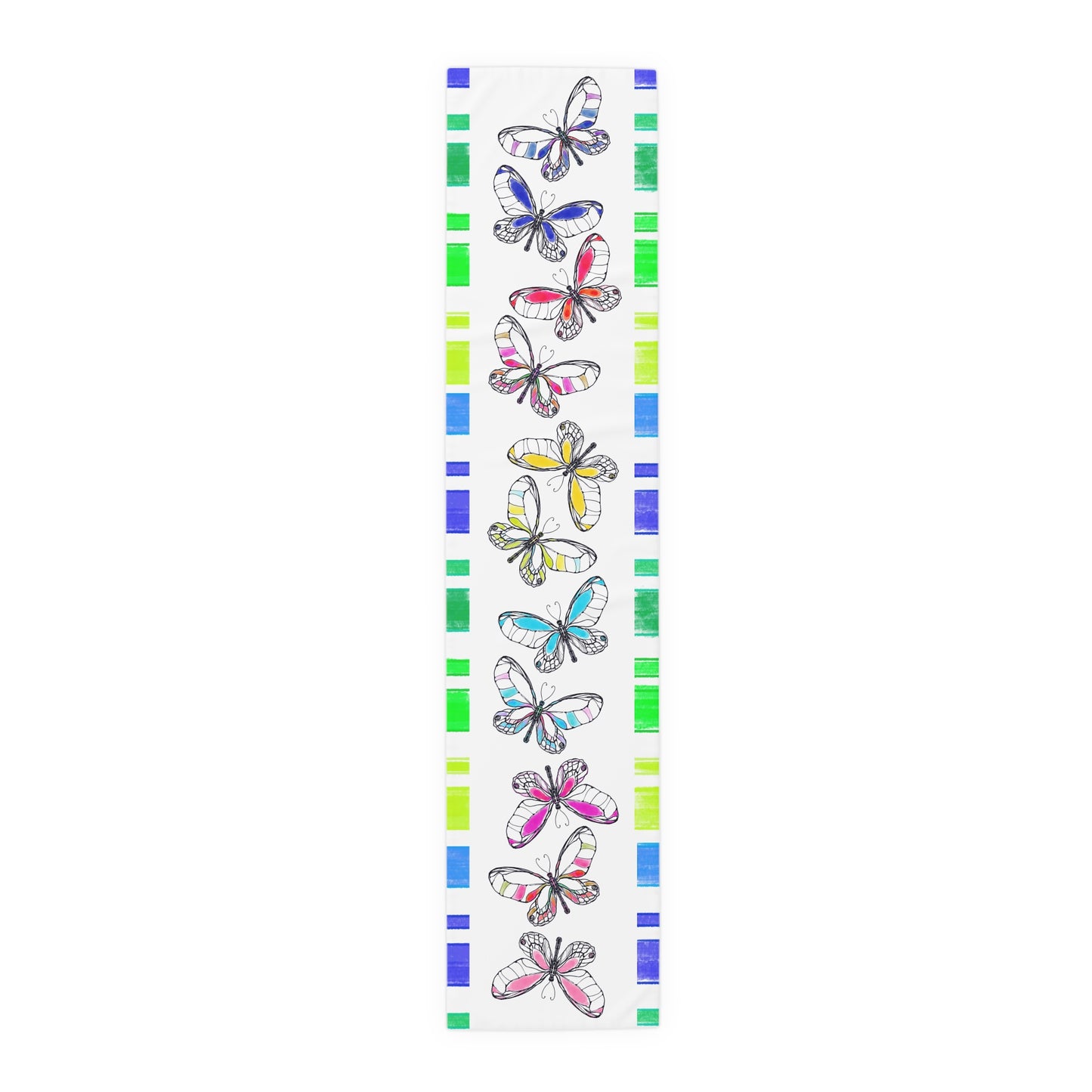 Butterfly Flutterstripe Table Runner in Multi-color With Blue/Green Border 1 size ( 16" Γ 72") (available in Cotton (Creamier) & Polyester (Whiter)