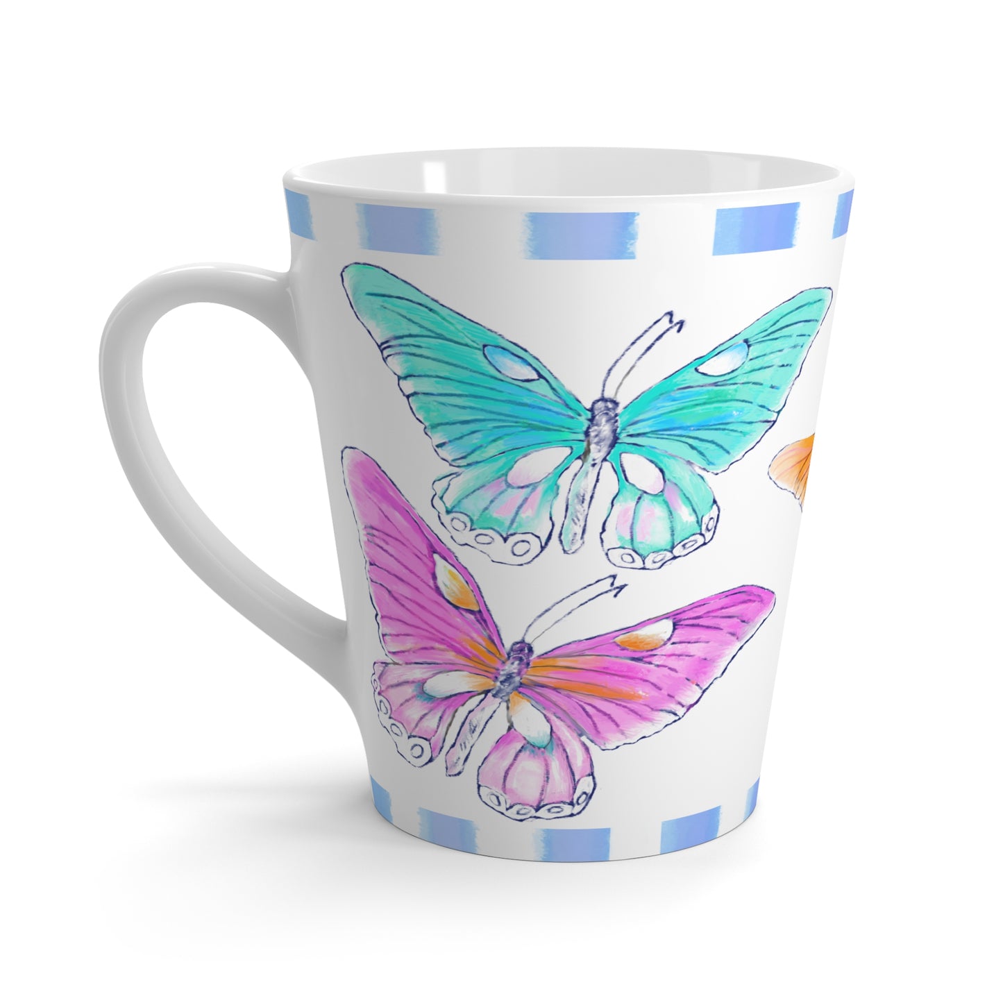 Butterfly Swing Latte Mug Aqua, Lilac, Pink , Orange, Yellow Butterflies, Blue Stripe