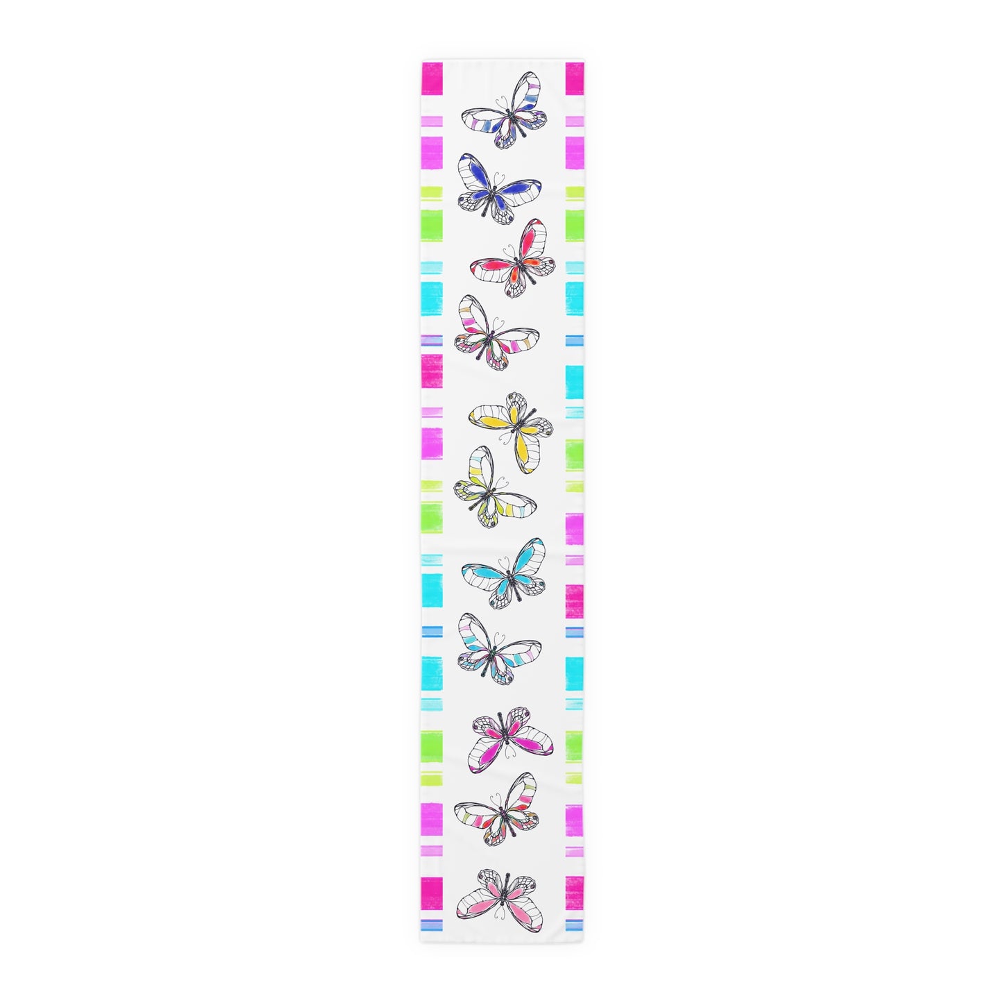 Butterfly Flutterstripe Table Runner in Multi-color With Pink, Blue, Green Border 1 size ( 16" × 90")  (available in Cotton (Creamier) & Polyester (Whiter)