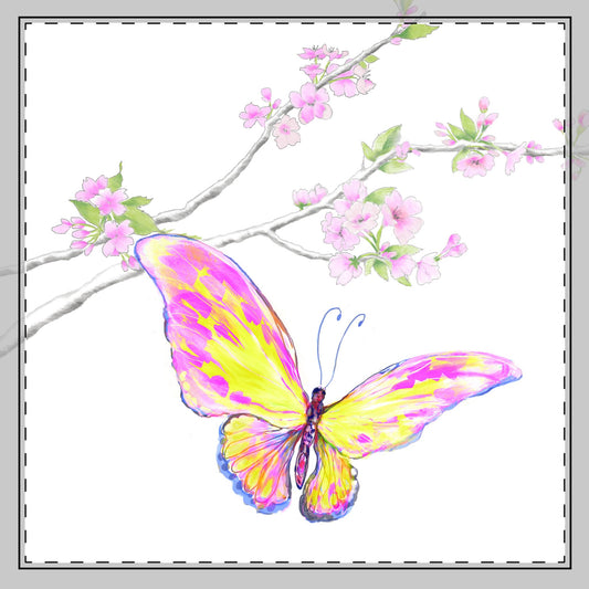 Butterfly Blossoms Glide Cotton Twill Napkin in Yellow/Pink, Creamier White, #4