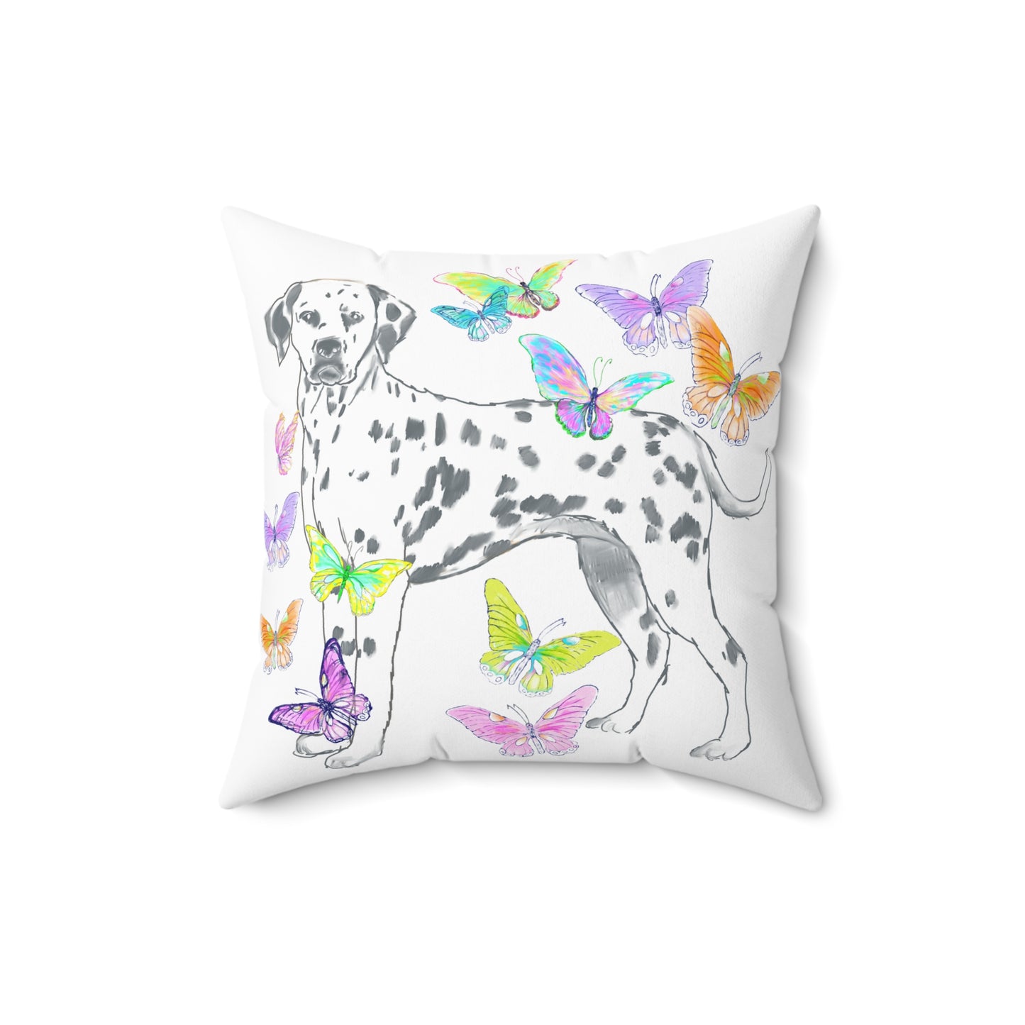 Dogi Butterfly Flutter Spun Polyester Square Pillow. Multi-Color Butterflies, Dalmatian
