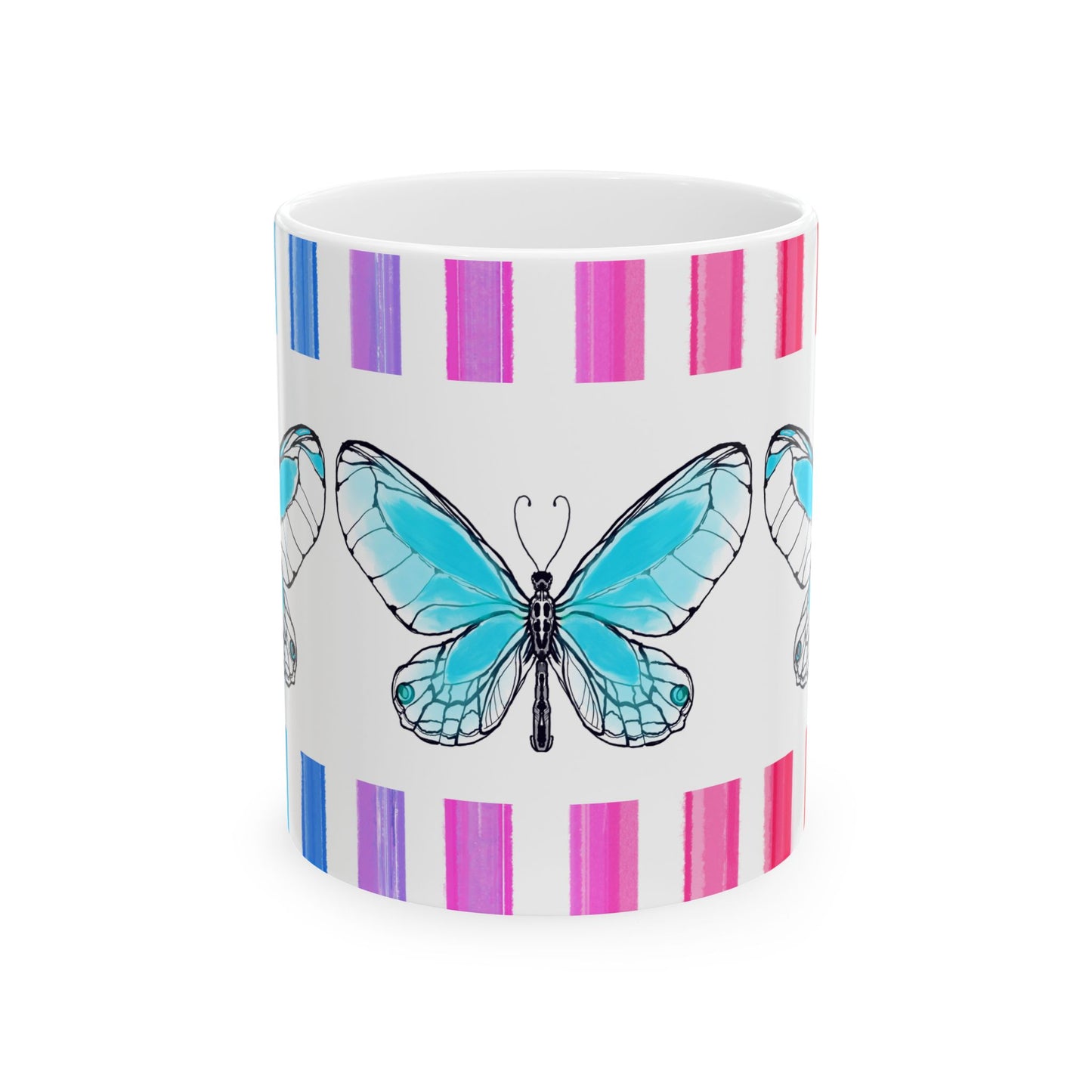 Butterfly Rainbow Stripe Ceramic Mug in Aqua with Multi-color Striped Border, (Available in 2 sizes 11oz and 15oz)