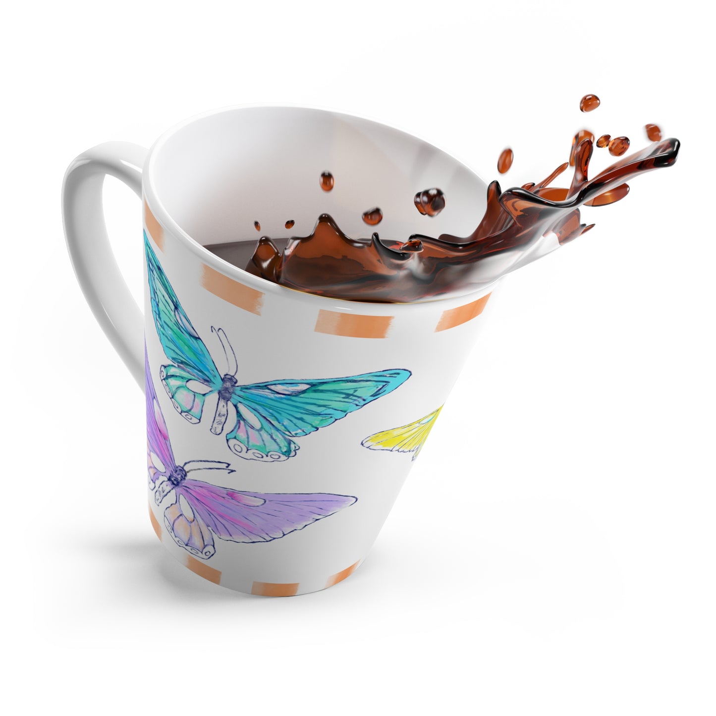 Butterfly Swing Latte Mug Aqua, Lilac, Pink, Orange , yellow Butterflies, Orange Stripe