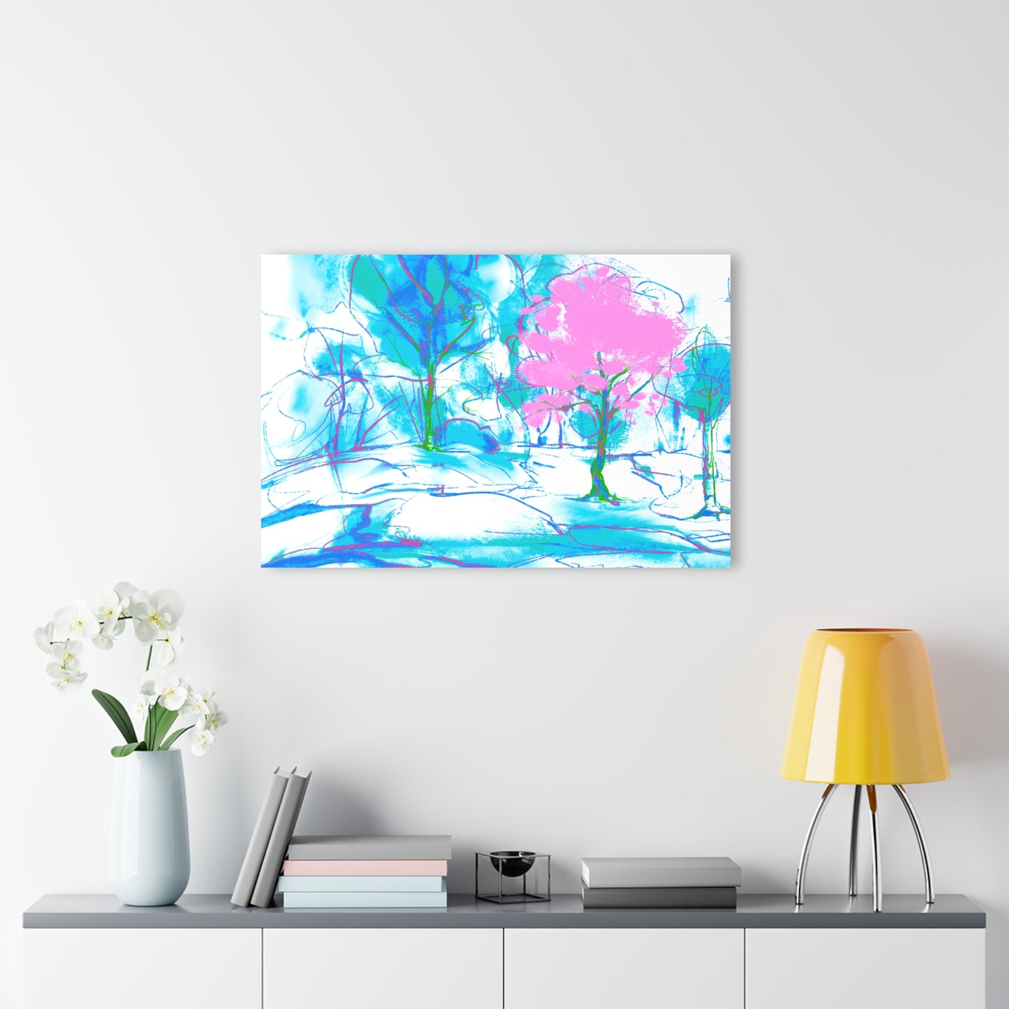 Wall Art Joyful Landscapes Acrylic Print in Blue and Pink (French Cleat Hanging)