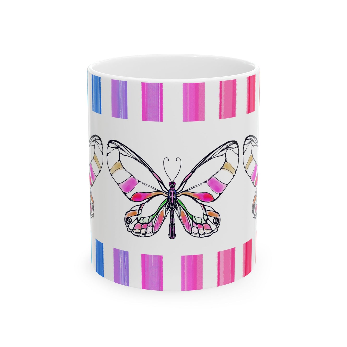 Butterfly Rainbow Stripe Ceramic Mug in Pink with Multi-color Striped Border, (Available in 2 sizes 11oz and 15oz)