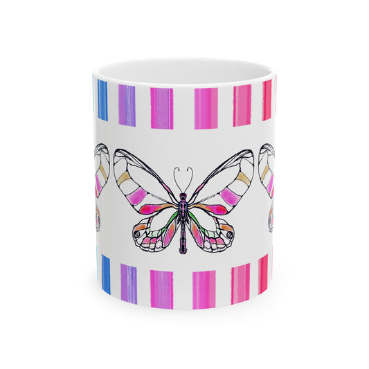 Butterfly Rainbow Stripe Ceramic Mug in Pink with Multi-color Striped Border, (Available in 2 sizes 11oz and 15oz)