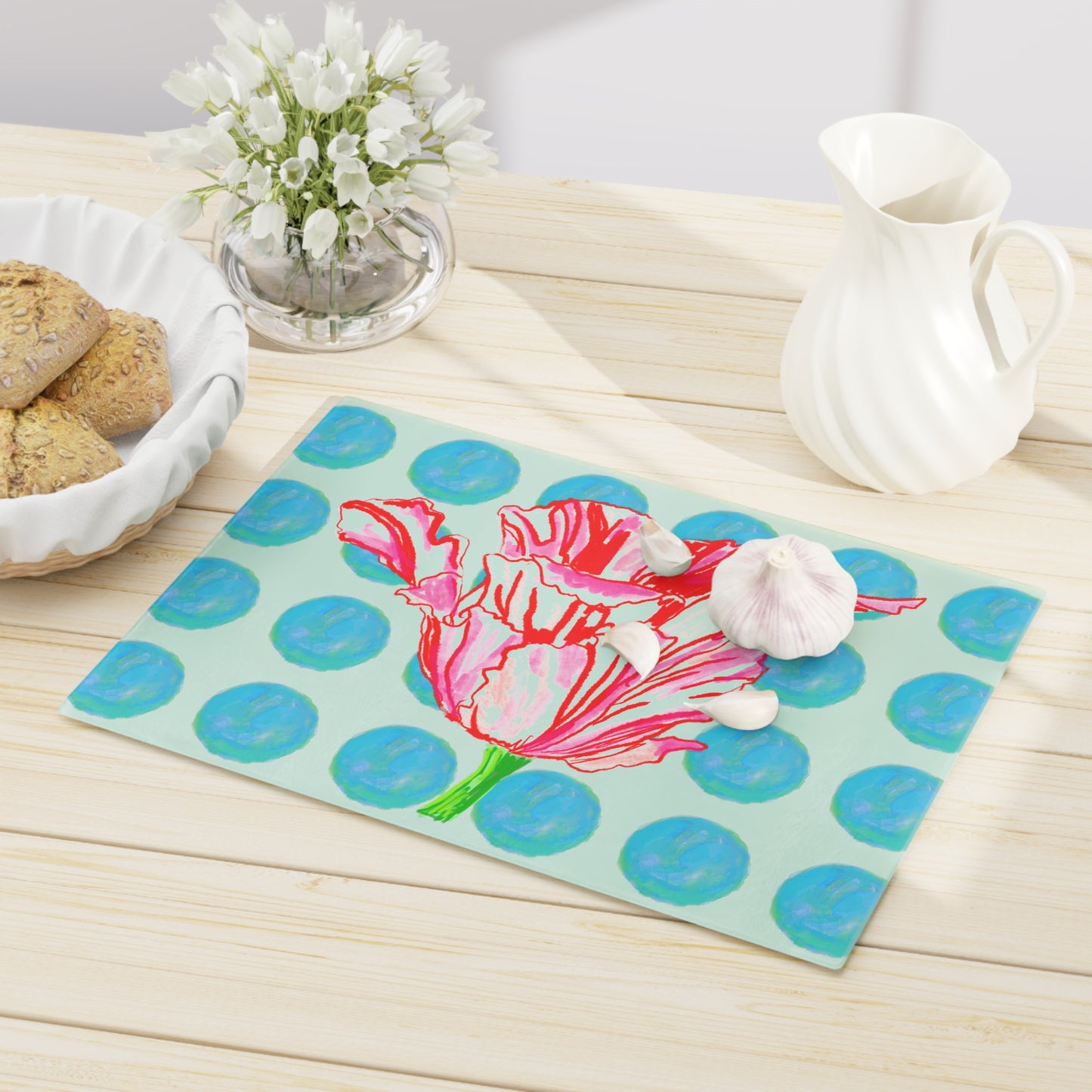 Dancing Tulips Cutting Board, Aqua Polka Dots
