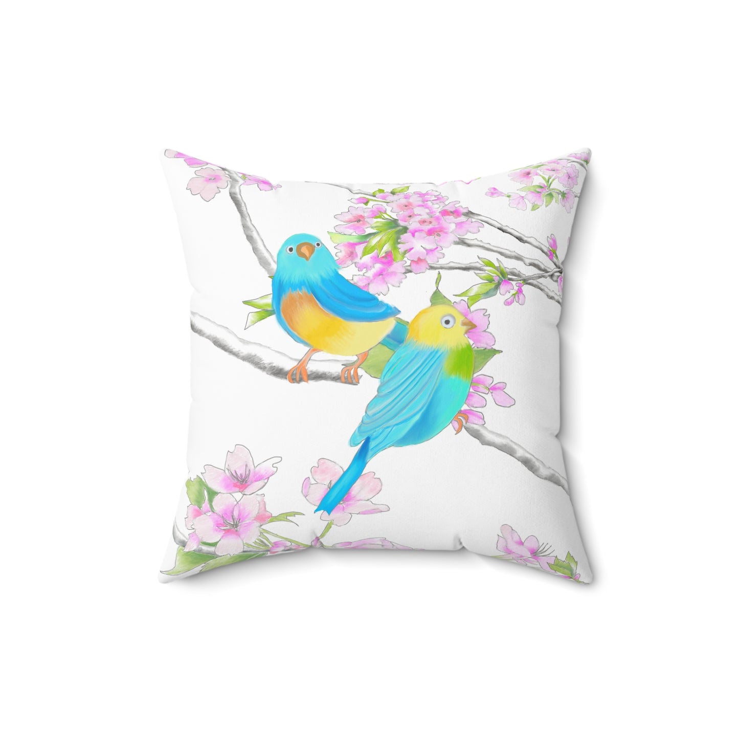 Cherry Chirp Spun Polyester Square Pillow Yellow, Blue Birds