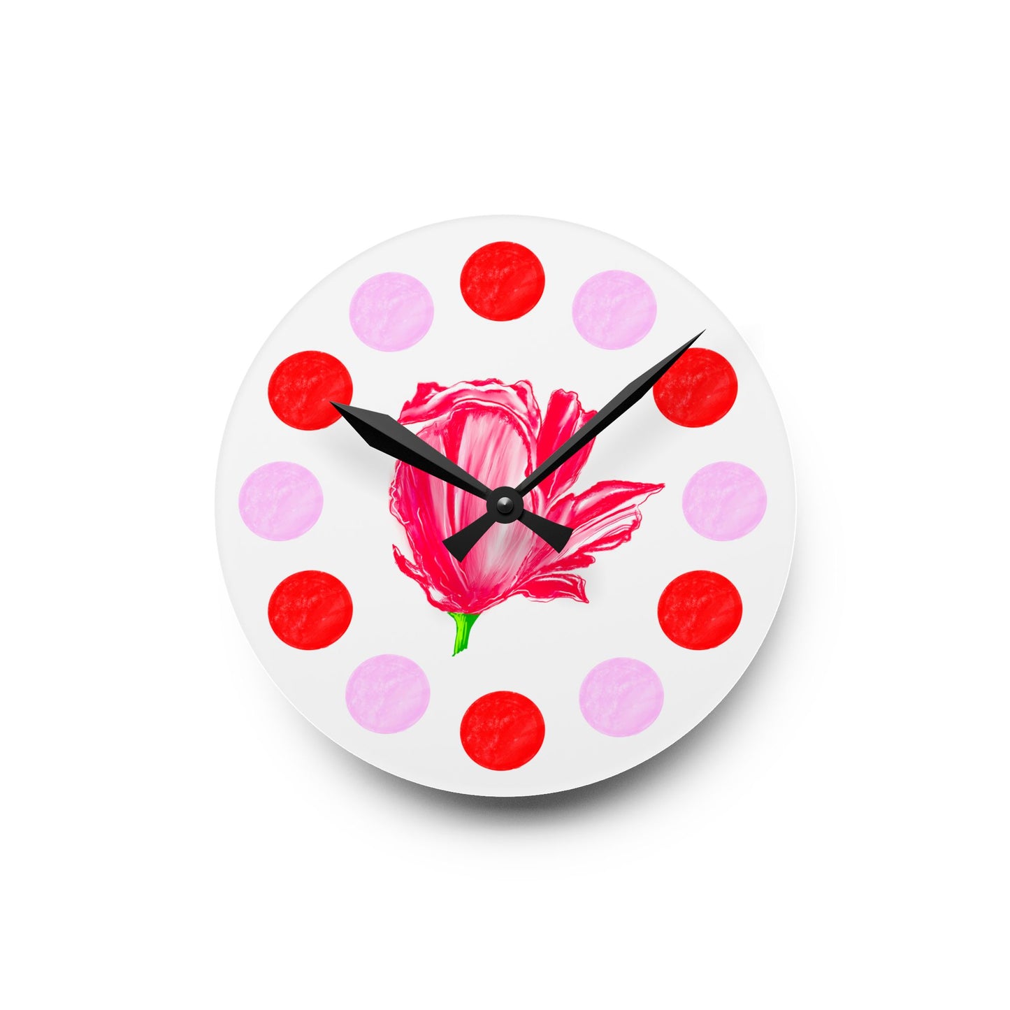 Tulip Love, Acrylic Wall Clock, Pink and Red polka dots Red tulip
