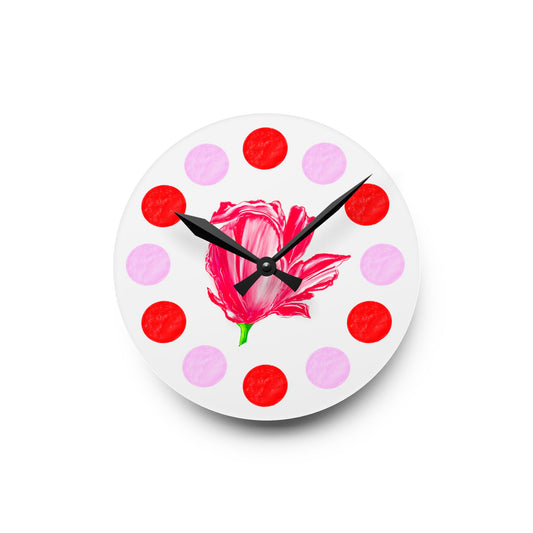 Kitchen & Dining, Office Tulip Love, Acrylic Wall Clock, Pink and Red polka dots Red tulip