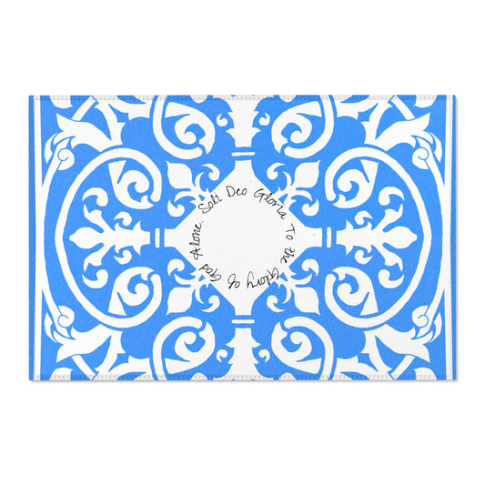 Scrollwork Indoor/Outdoor Rug Blue "Soli Deo Gloria..."