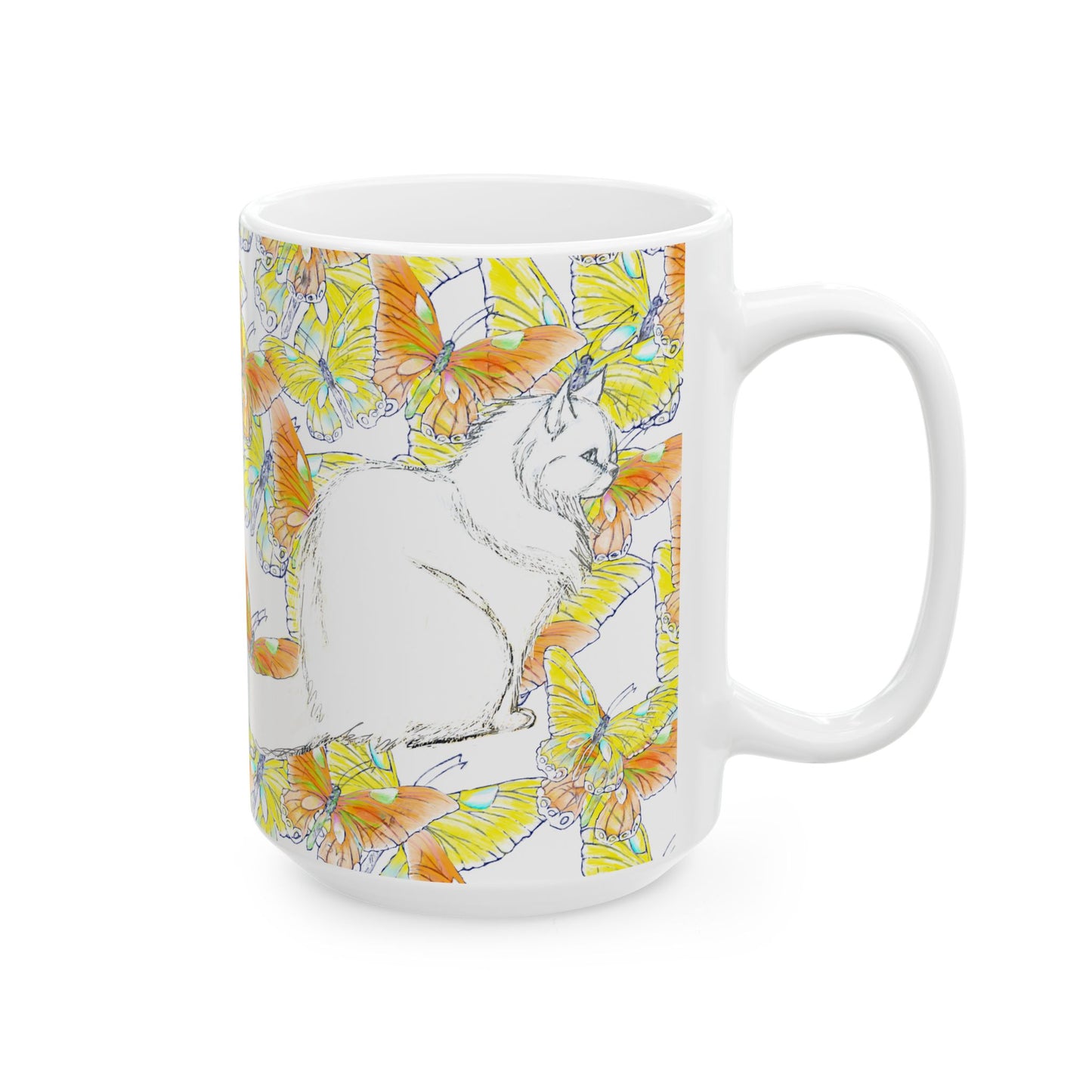 Kitty Flutter Ceramic Mug, Yellow Lime, (11oz, 15oz)