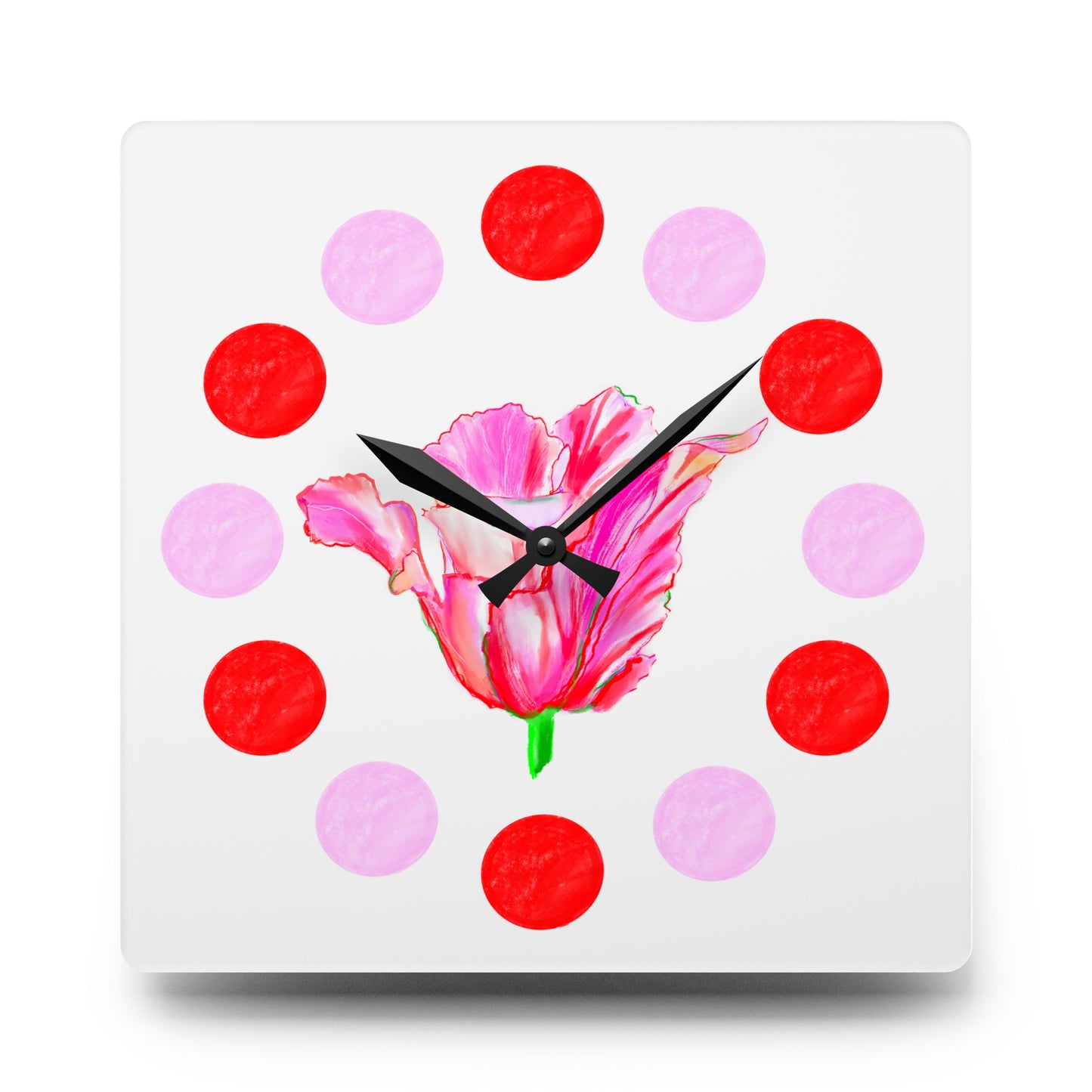 Tulip Love Acrylic Wall Clock, Pink and Red Polka Dots Tulip