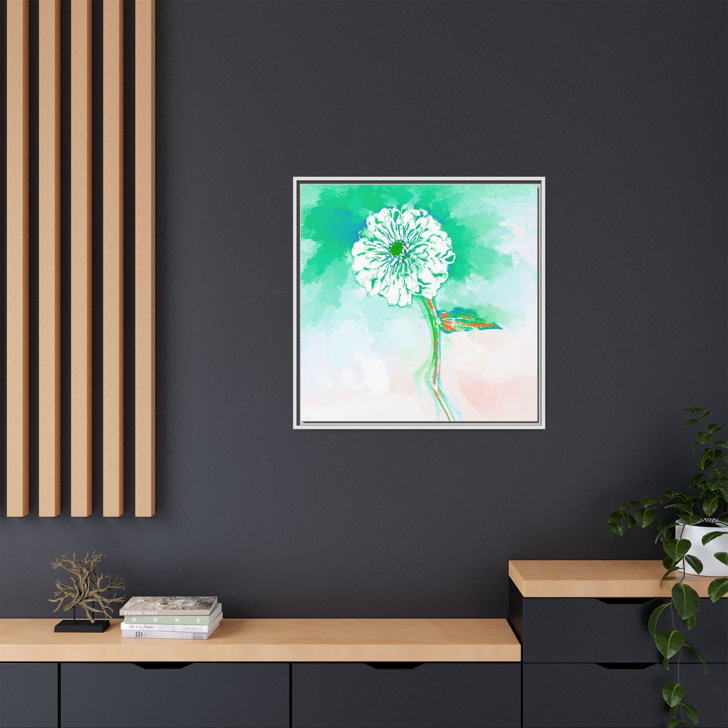 Zinnia Color Splash Matte Canvas Green Framed
