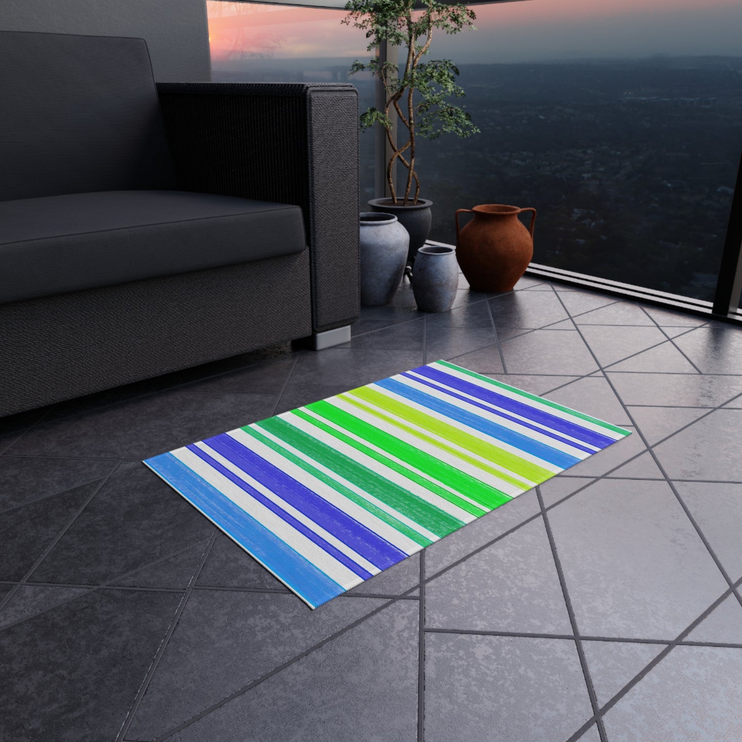 Butterfly Flutterstripe Outdoor Rug Blues and Greens