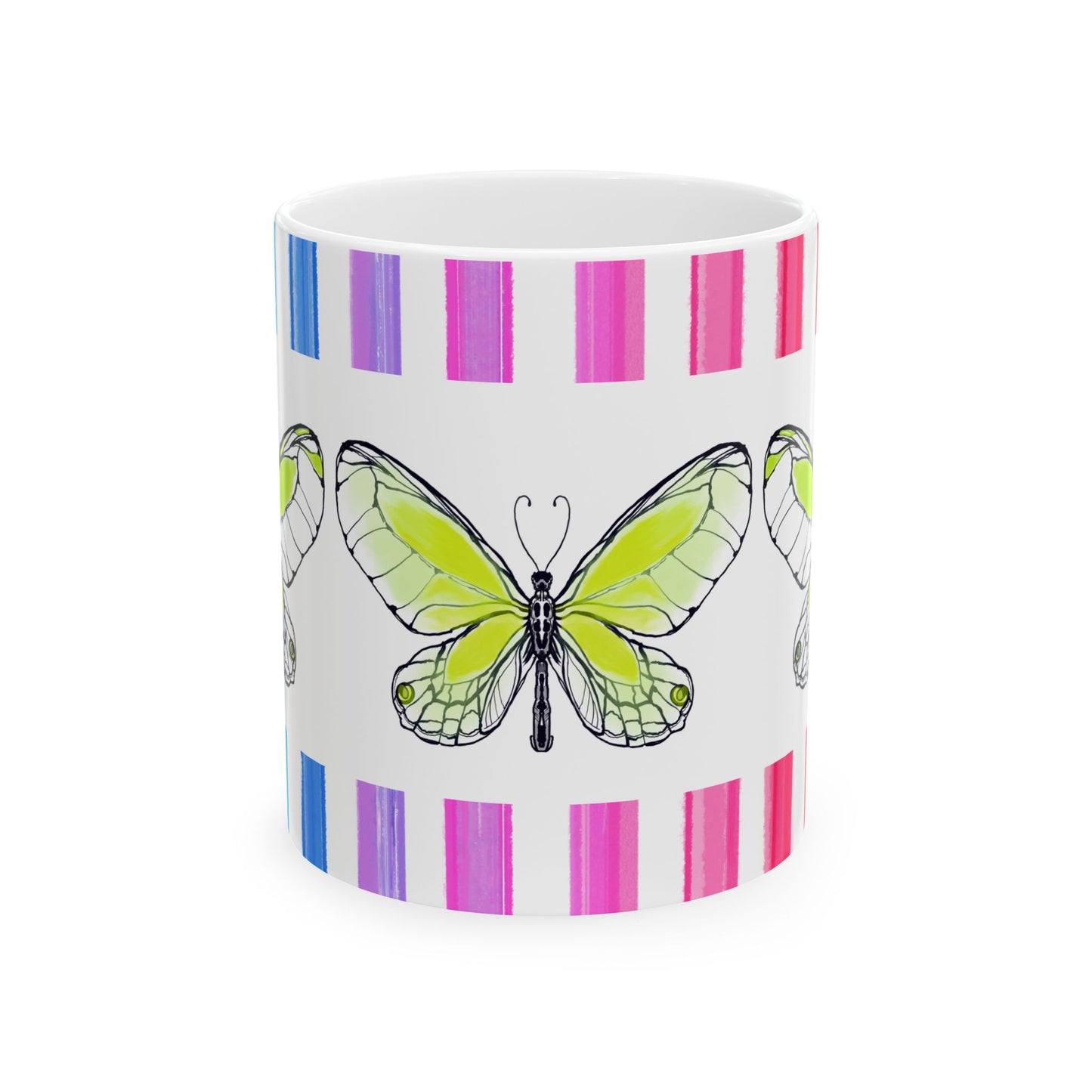 Butterfly Rainbow Stripe Ceramic Mug in Lime with Multi-color Striped Border, (Available in 2 sizes 11oz and 15oz)