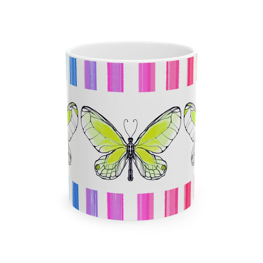 Butterfly Rainbow Stripe Ceramic Mug in Lime with Multi-color Striped Border, (Available in 2 sizes 11oz and 15oz)